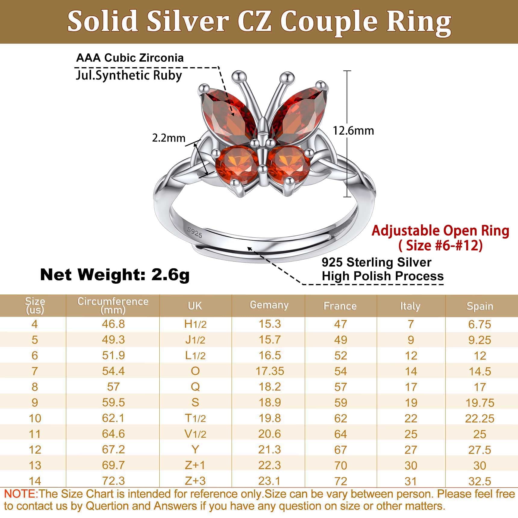 925 Sterling Butterfly Rings, July Ruby Adjustable Open Band Ring Jewelry Valentines Day