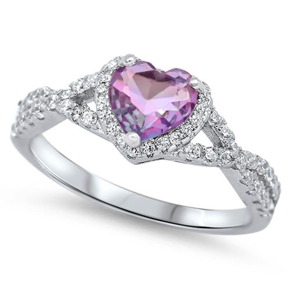 Heart Purple Simulated Amethyst Halo Infinity Knot Sterling Ring CZ Female Size 7