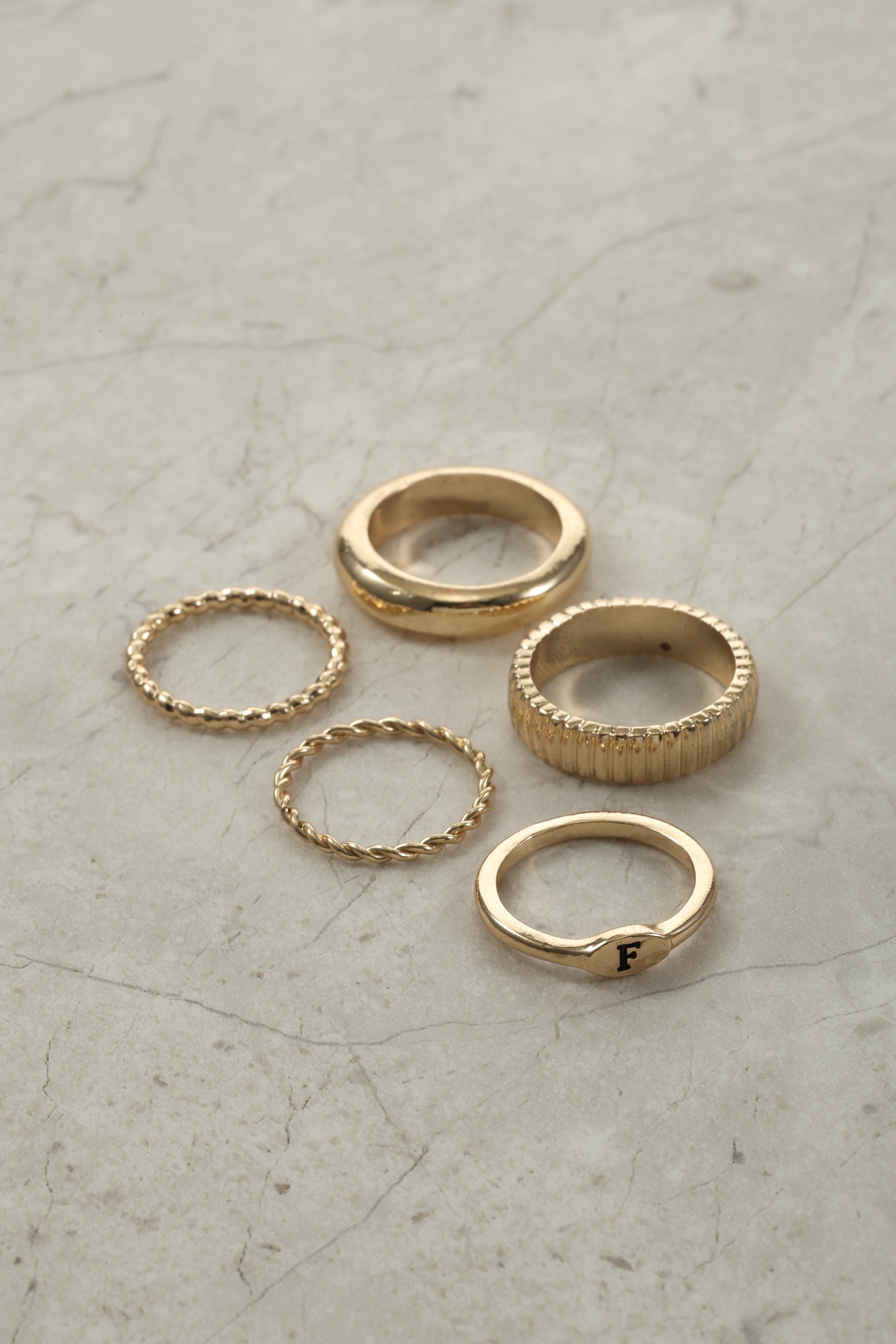 Goldtone Initial Ring Set, 5 Piece, Size 7, Initial J