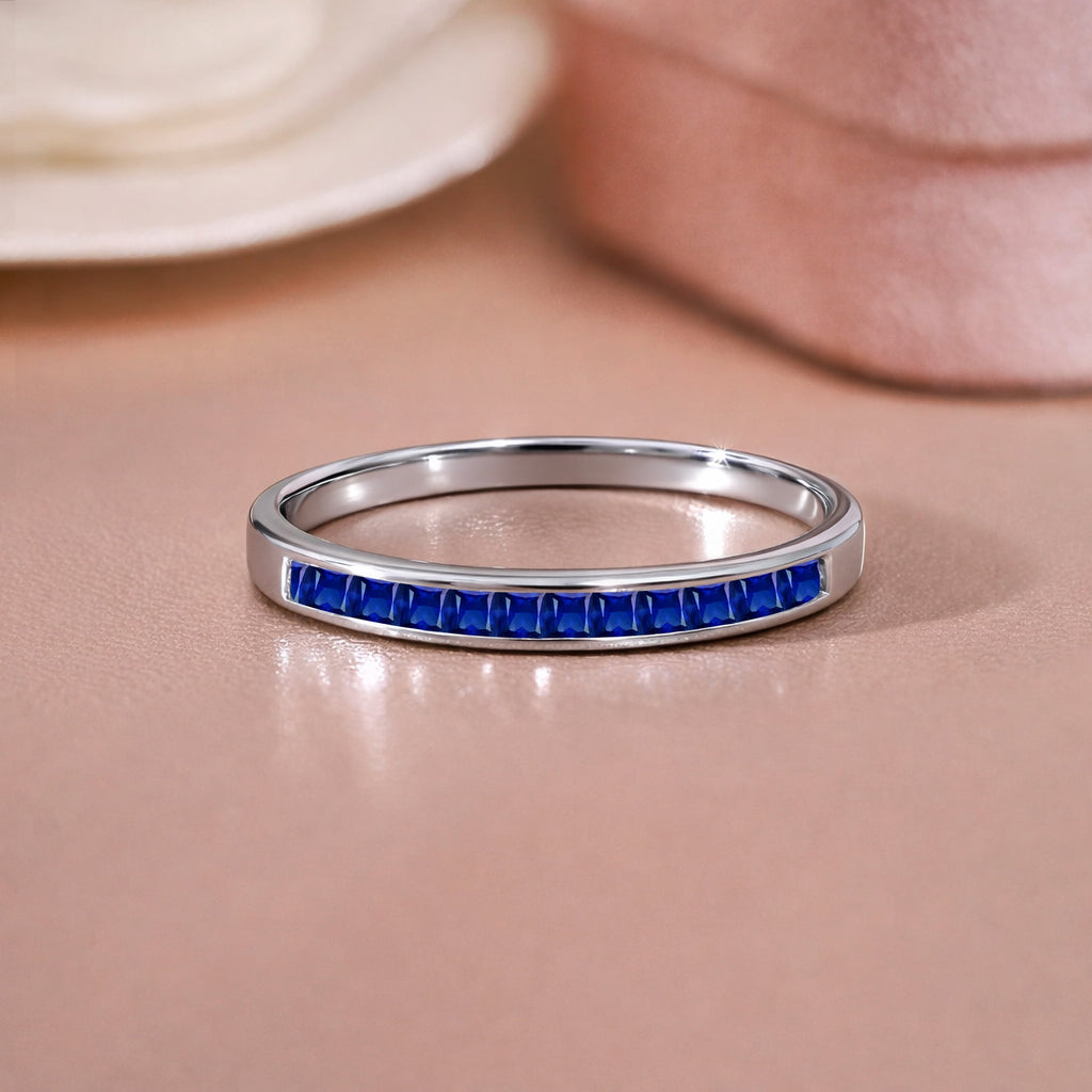 0.25 Princess Cut September Wedding Band - Pave Channel Band - 18K White Plating for Women