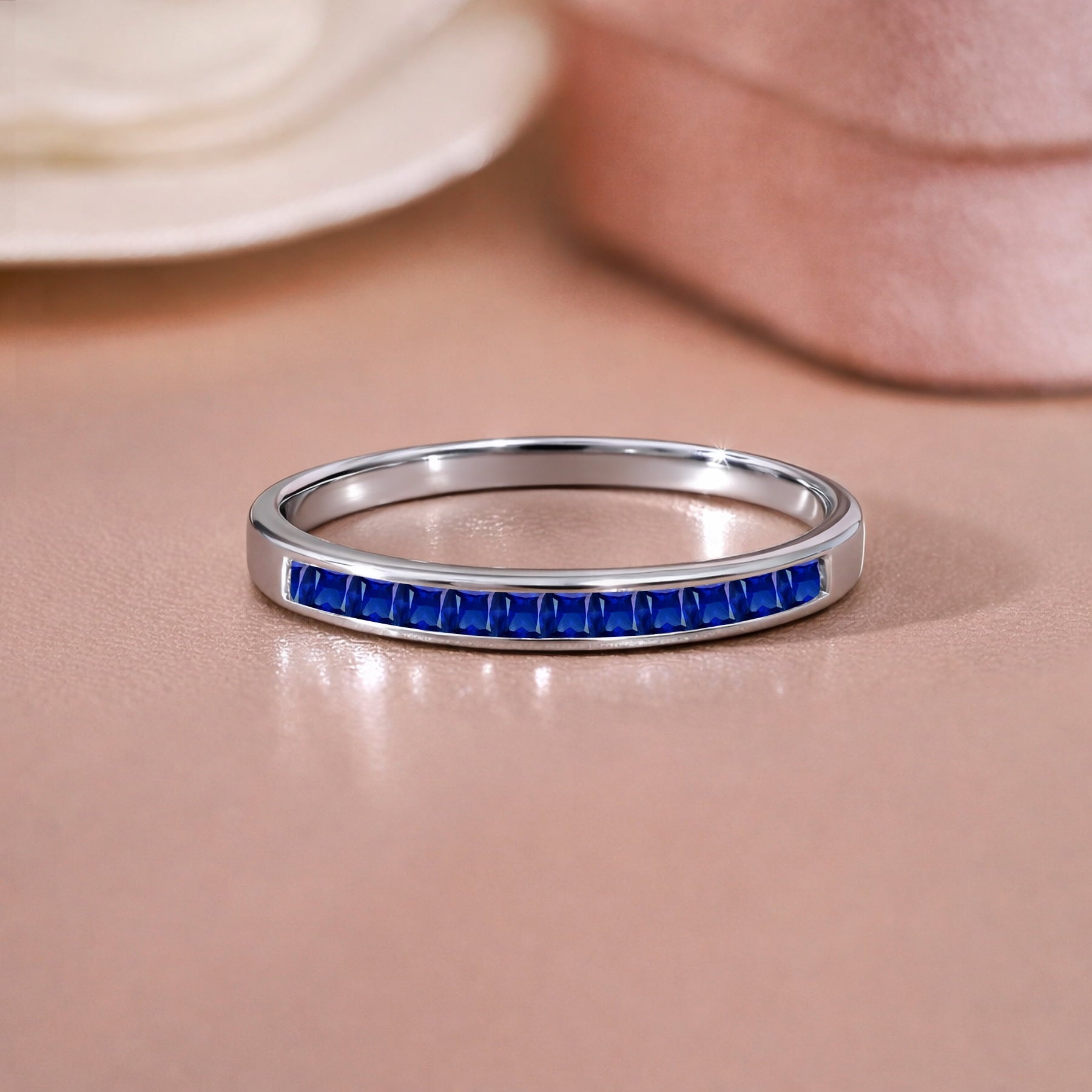 0.25 Princess Cut September Wedding Band - Pave Channel Band - 18K White Plating for Women