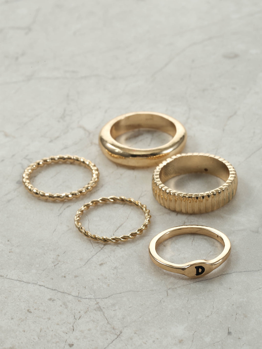 Goldtone Initial Ring Set, 5 Piece, Size 7, Initial J