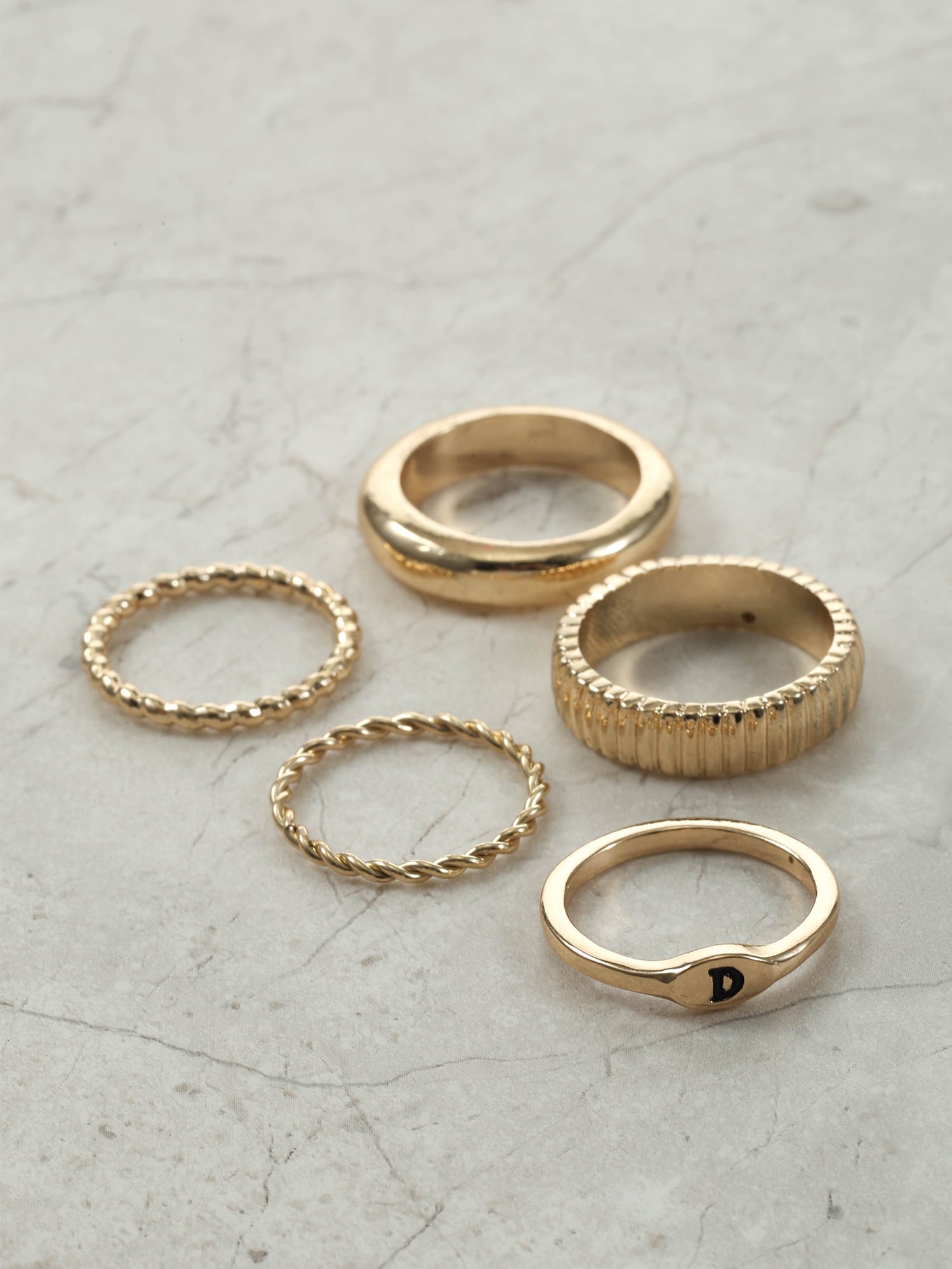 Goldtone Initial Ring Set, 5 Piece, Size 7, Initial J