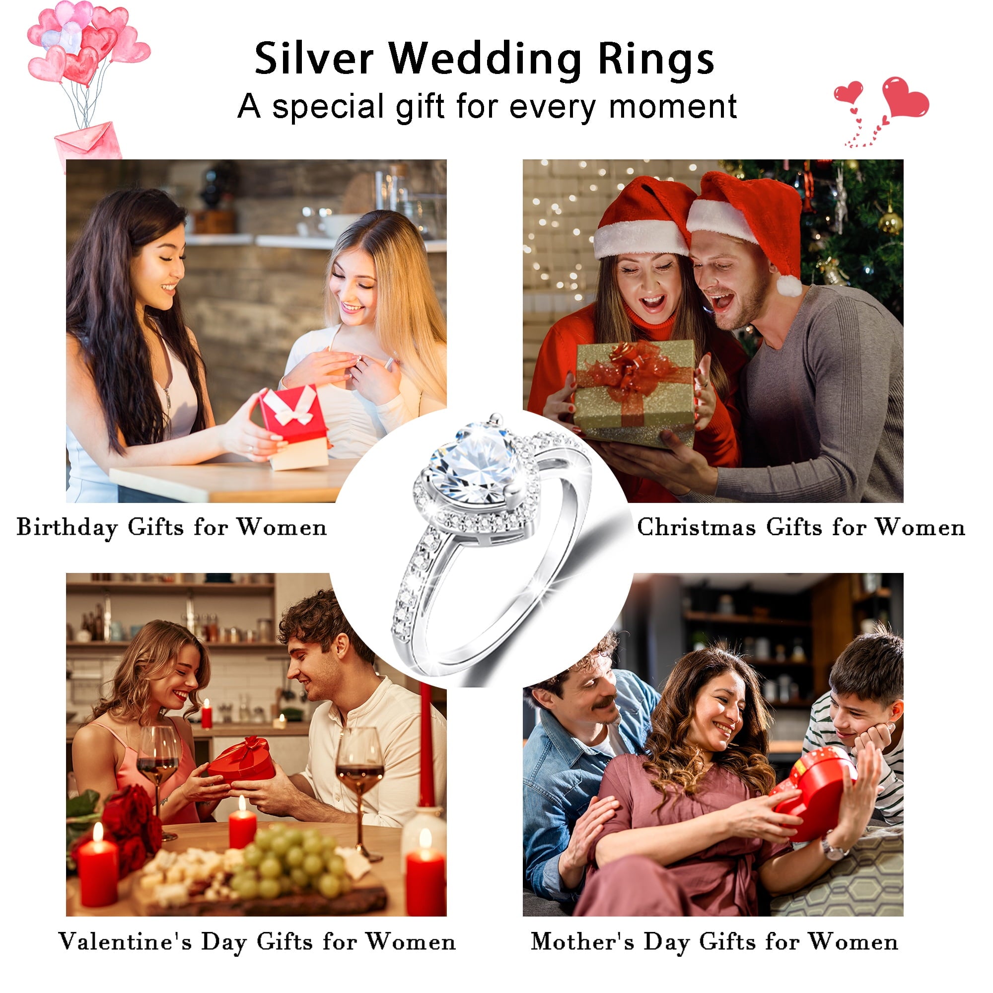 S925 Sterling Plated Heart Rings for Women Girls April Ring with CZ Eternity Band Wedding Easter Basket Stuffers Jewelry Gifts Teen Adults Kids