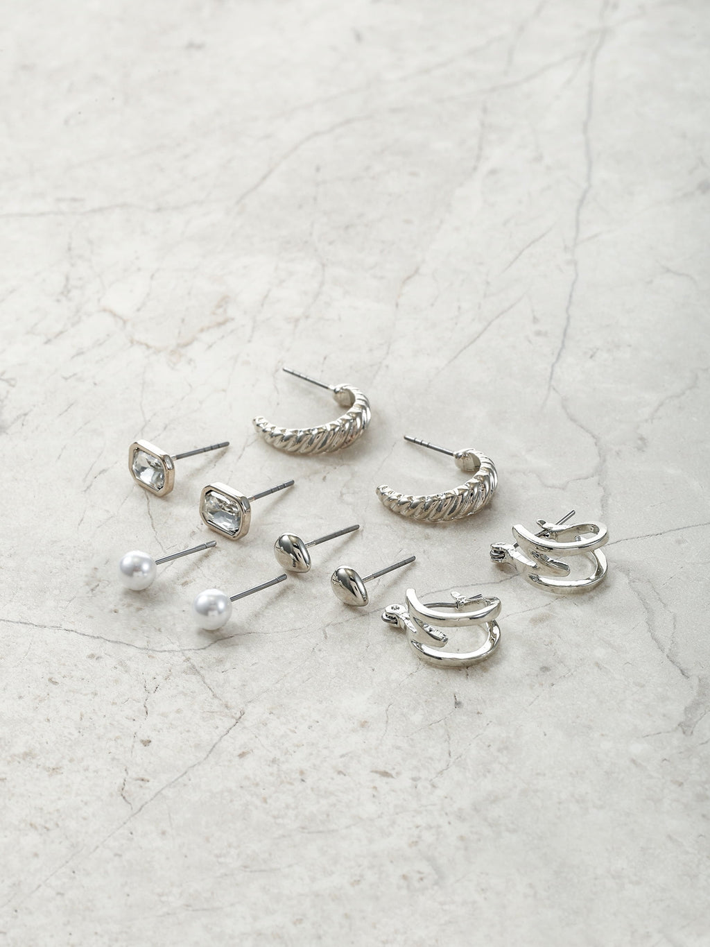 Silvertone Multi Earring Set, 5 Pairs, Initial B