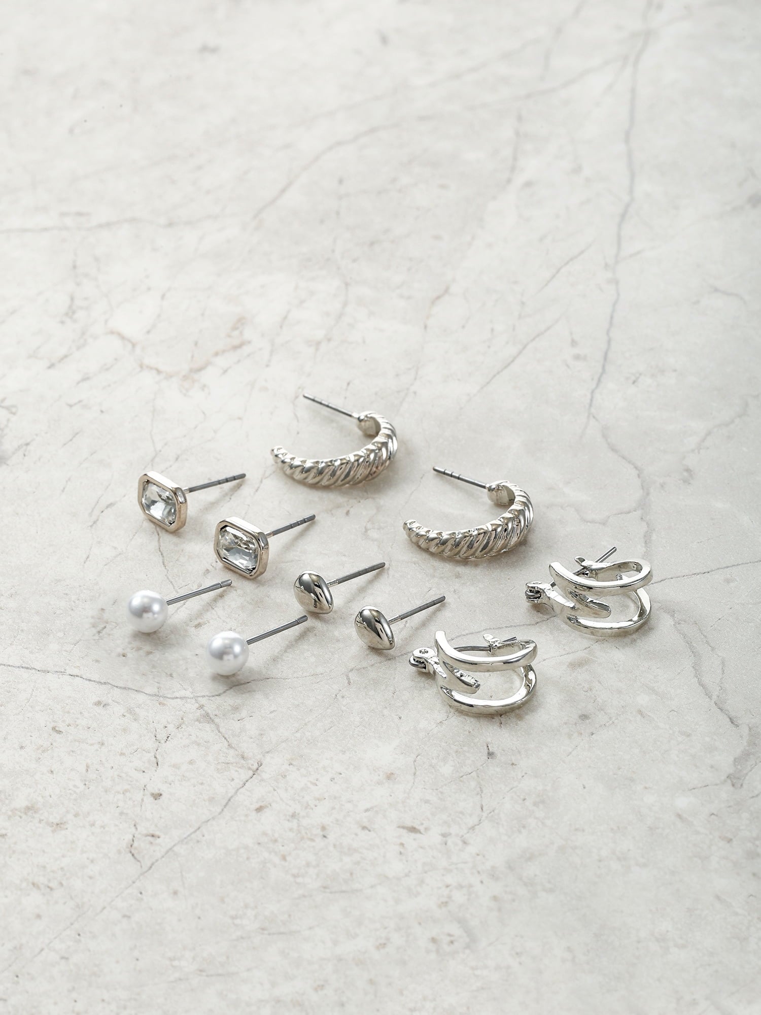 Silvertone Multi Earring Set, 5 Pairs, Initial B