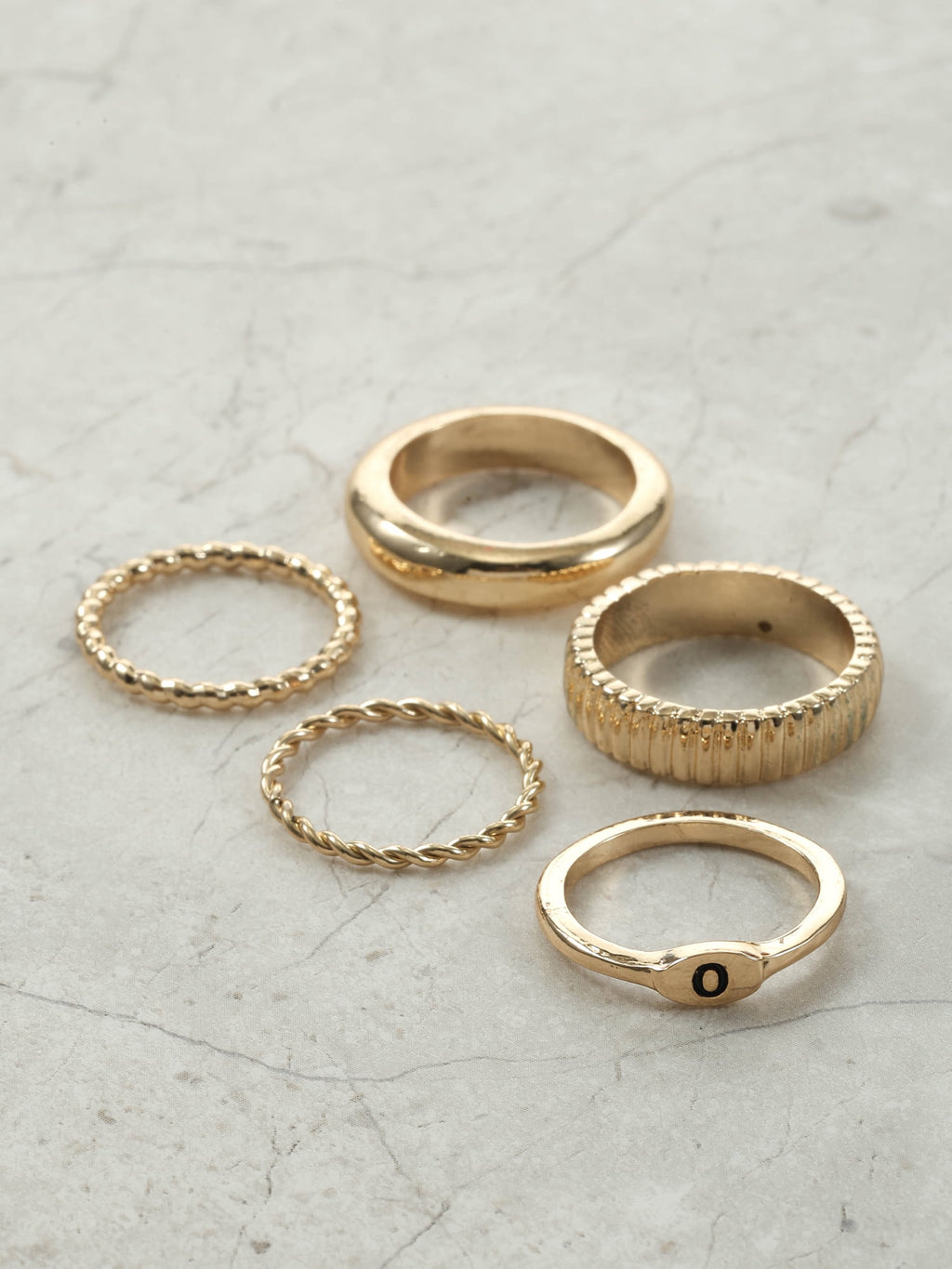 Goldtone Initial Ring Set, 5 Piece, Size 7, Initial J