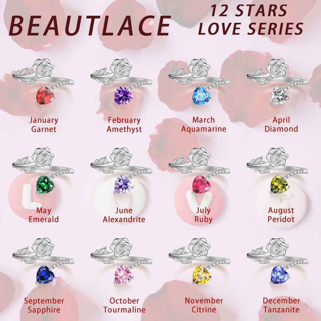 Rose Heart Ring,925 Sterling Adjustable Open Heart Rings Jewelry Gifts for Women Mom -December