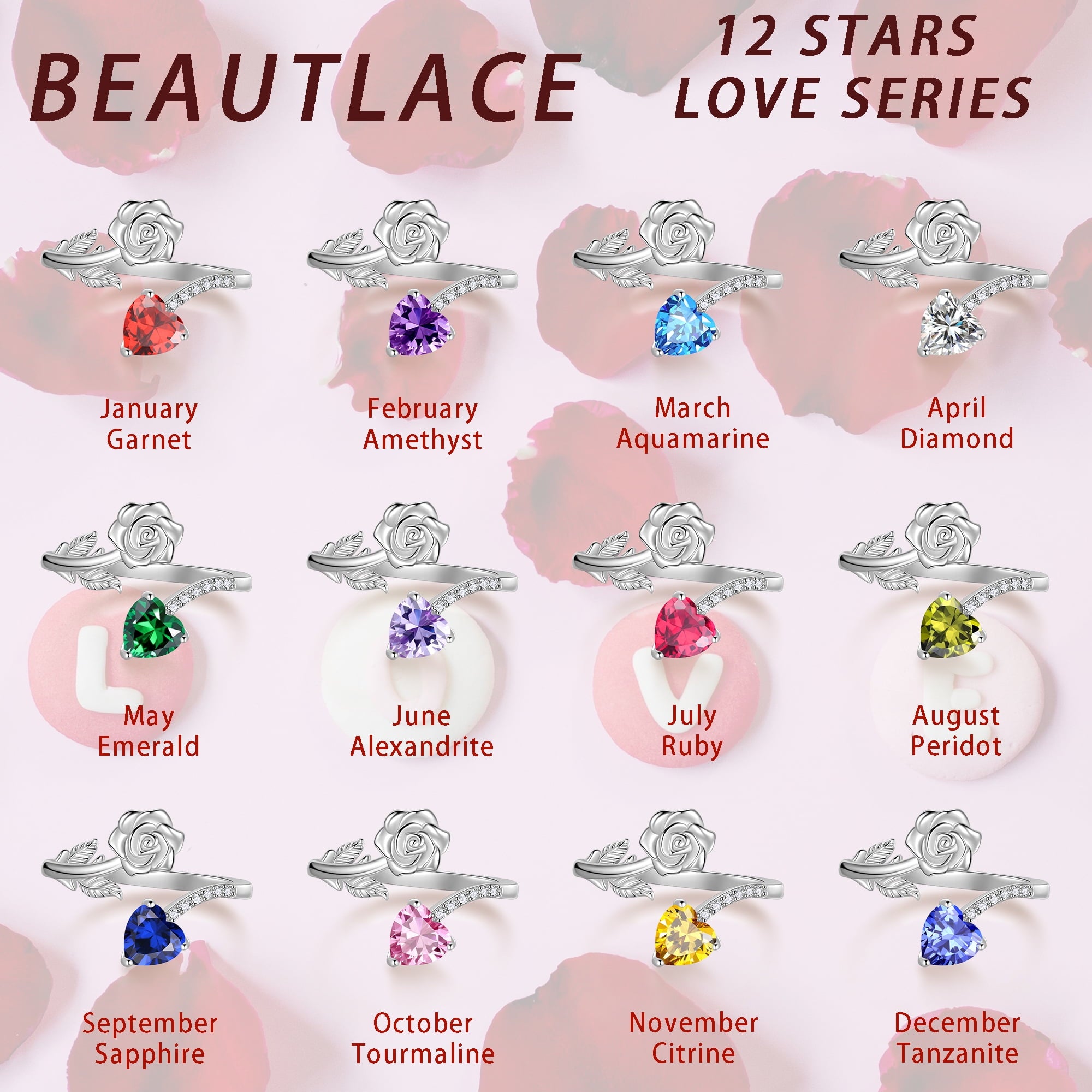 Rose Heart Ring,925 Sterling Adjustable Open Heart Rings Jewelry Gifts for Women Mom -December