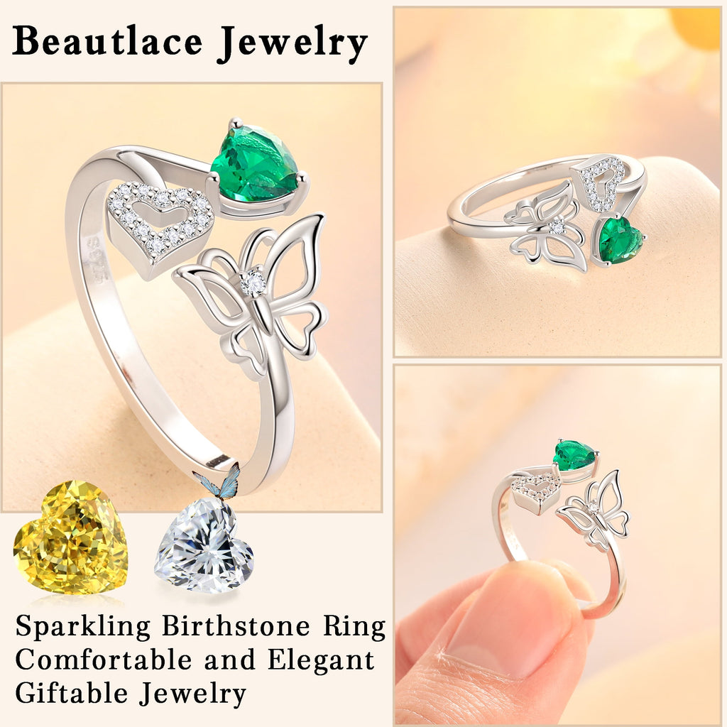 Rose Heart Ring,925 Sterling Adjustable Open Heart Rings Jewelry Gifts for Women Mom -December