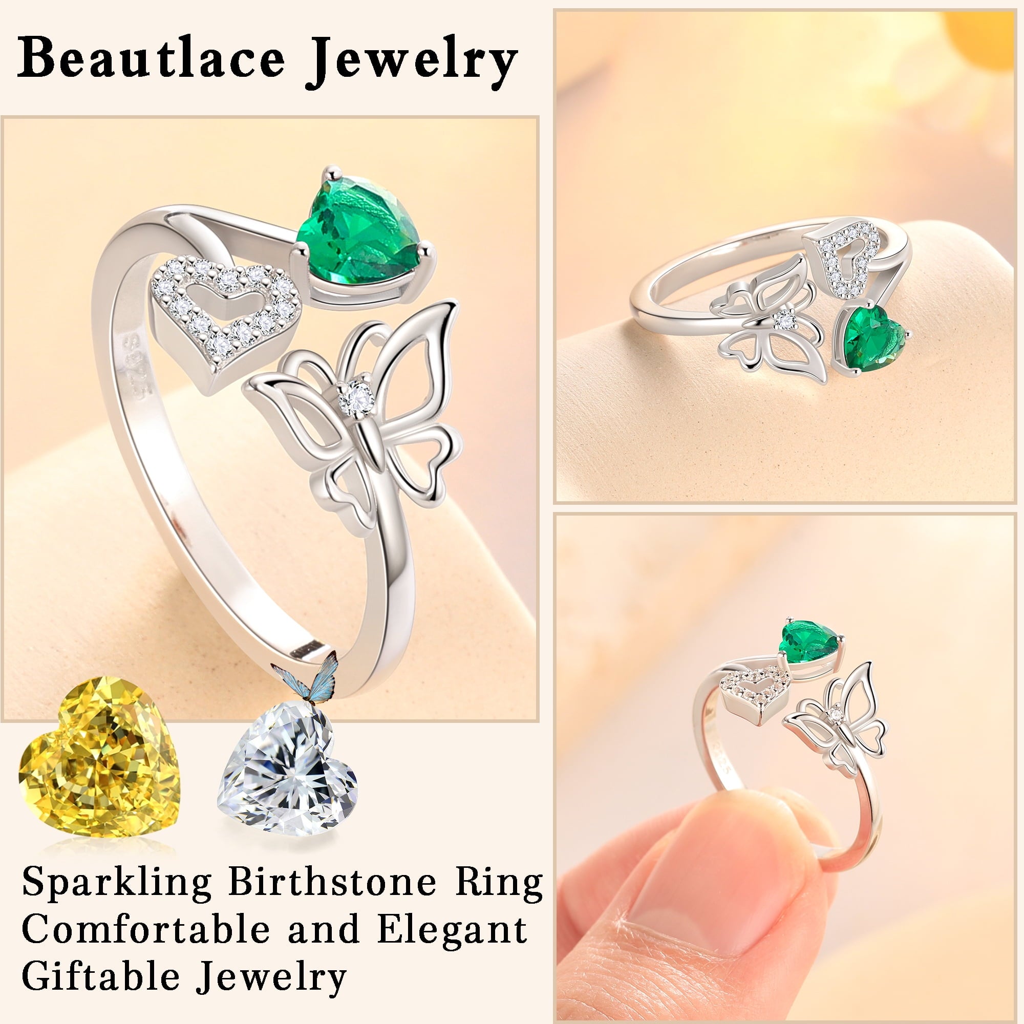 Rose Heart Ring,925 Sterling Adjustable Open Heart Rings Jewelry Gifts for Women Mom -December