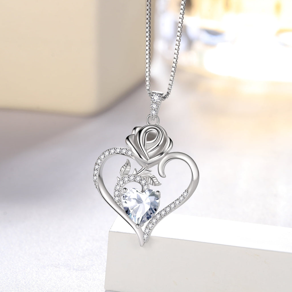 925 Sterling Necklace Rose Flower Heart Pendant Jewelry Valentines Gifts for Women Mom Wife/Lover