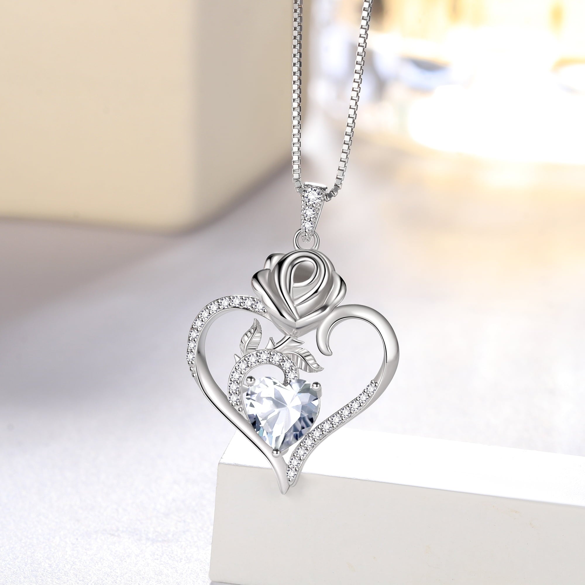925 Sterling Necklace Rose Flower Heart Pendant Jewelry Valentines Gifts for Women Mom Wife/Lover