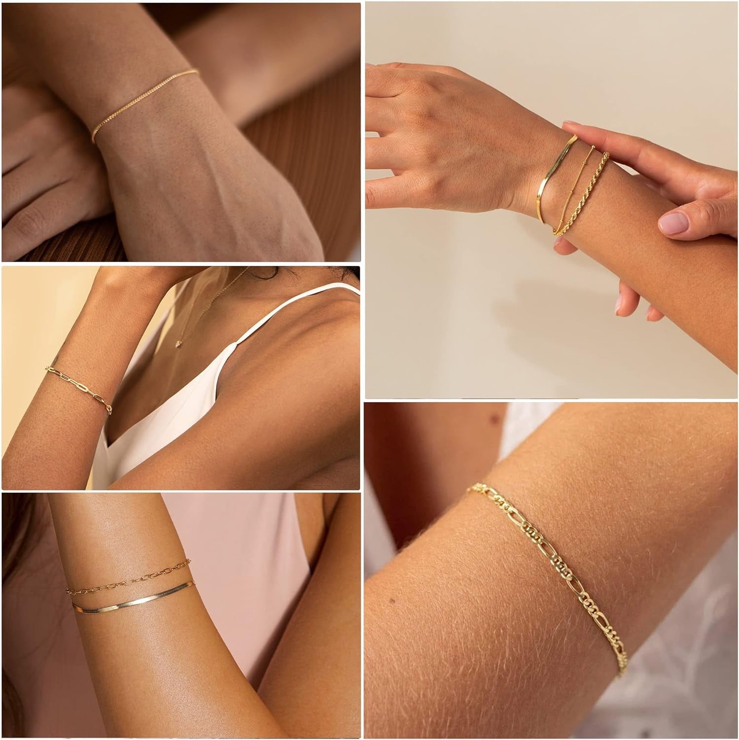 Bracelets for Women Waterproof, 14K Plated Stackable Dainty Chain Bracelet Set, Cuban Link &amp; Paperclip Styles, Jewelry Gifts for , , 's Day