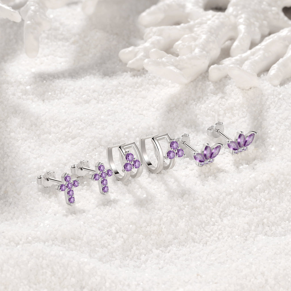 3 Pairs 925 Sterling Cross Earrings Set for Women, Flower Studs and Ear Cuffs Jewelry Set for Her