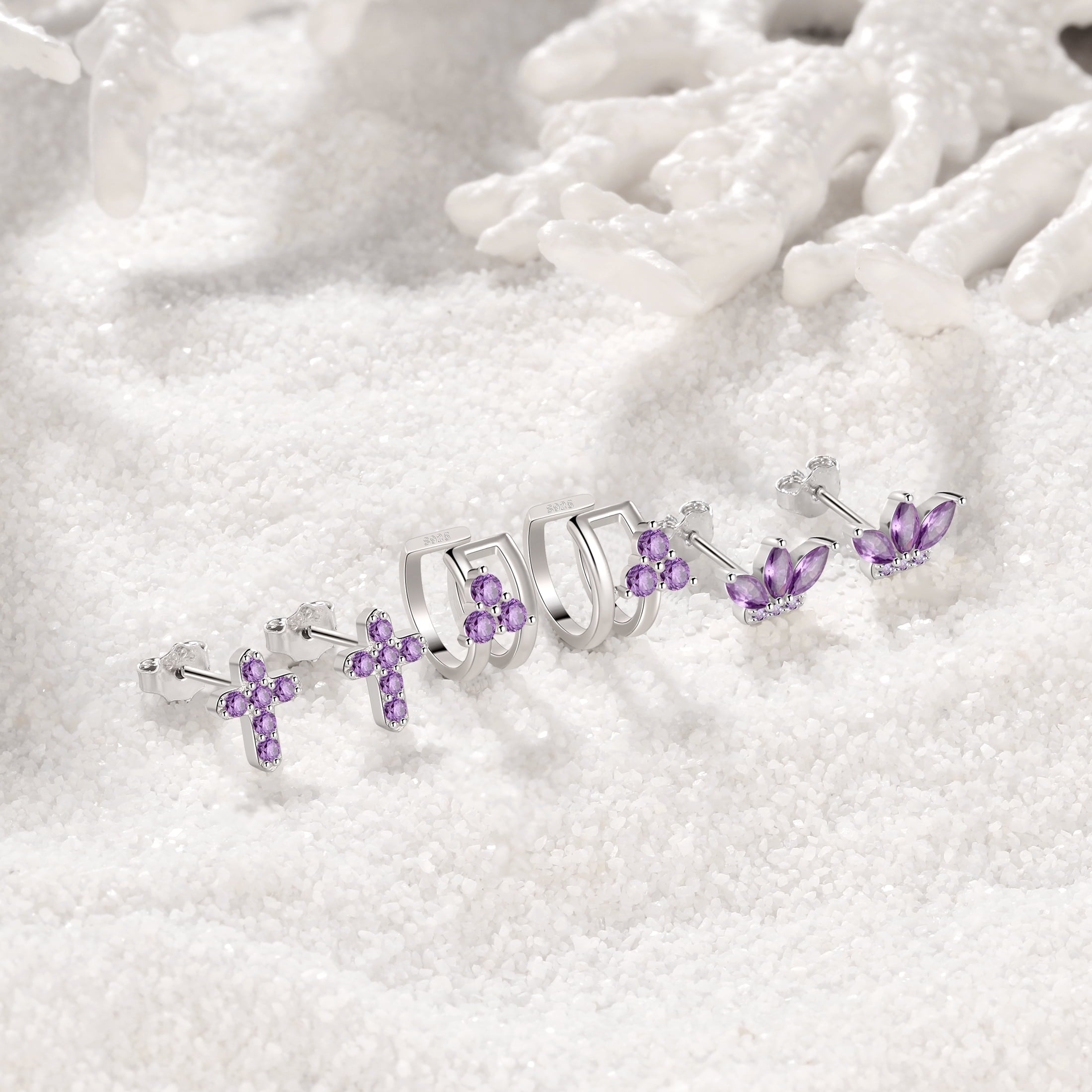 3 Pairs 925 Sterling Cross Earrings Set for Women, Flower Studs and Ear Cuffs Jewelry Set for Her