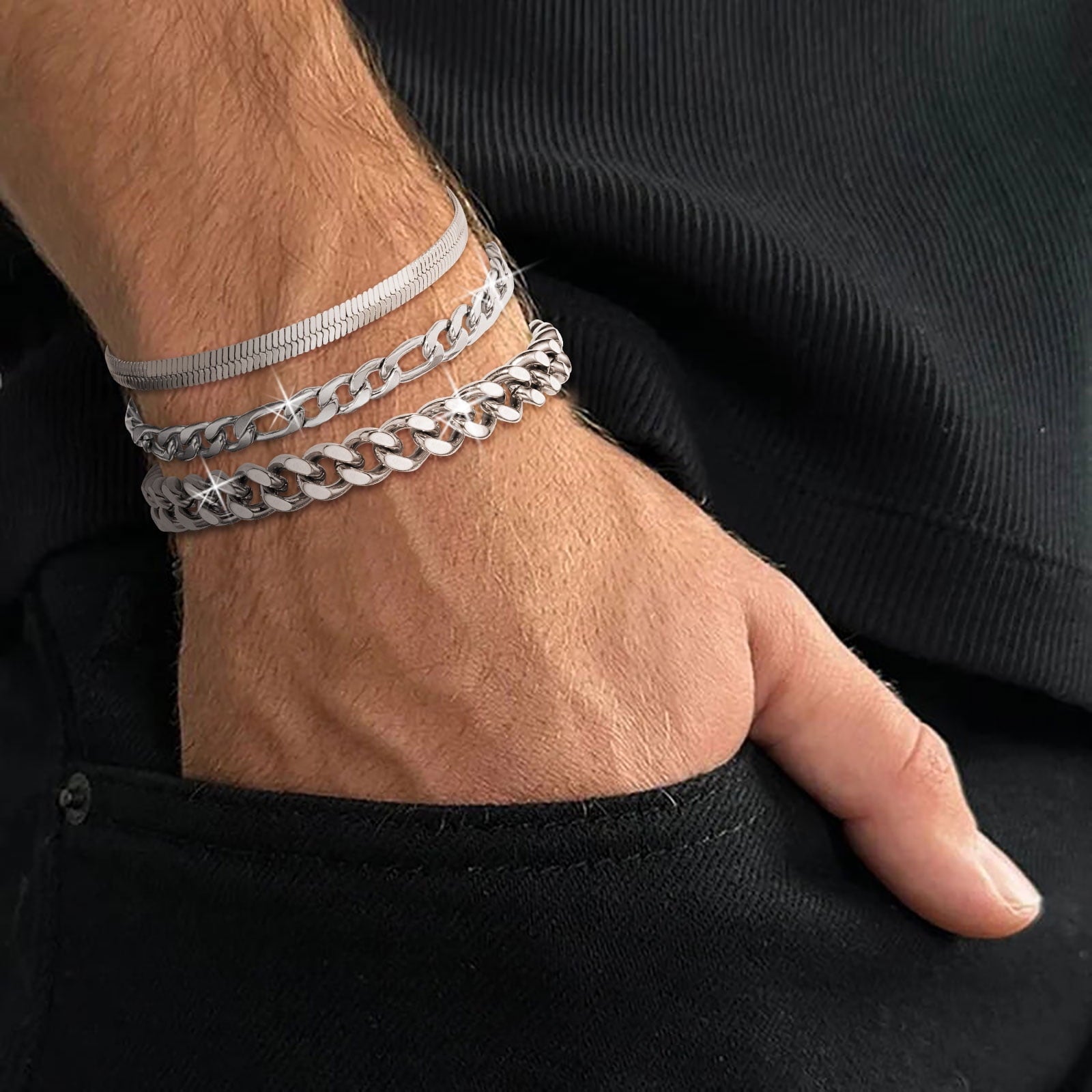 3 Pcs Sterling Plated Bracelets for Men Women Boys Charm Cuban Figaro Herringbone Chain Bracelets Set Easter Basket Stuffers Jewelry Gifts Teen Adults Kids 6.5/7/7.5/8.3/9 Inch