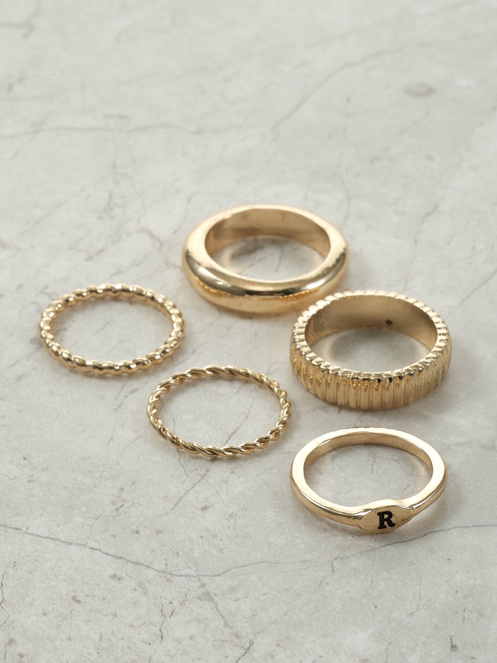 Goldtone Initial Ring Set, 5 Piece, Size 7, Initial J