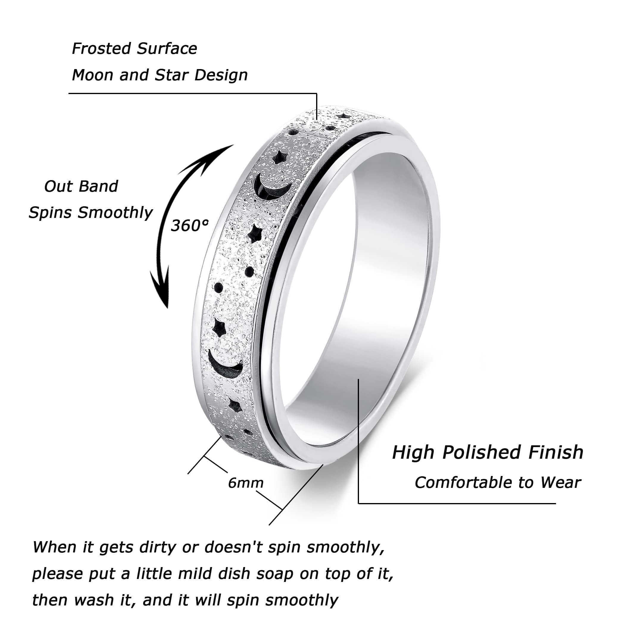 Anxiety Ring for Women Men, Anxiety Fidget Relief Spinner Rings Stainless Steel Worry Stress Relieve Ring Band Set for Anxiety Women Men，Anxiety Ring-Moon Star, Sandblasted Finished,Rainbow-Size6
