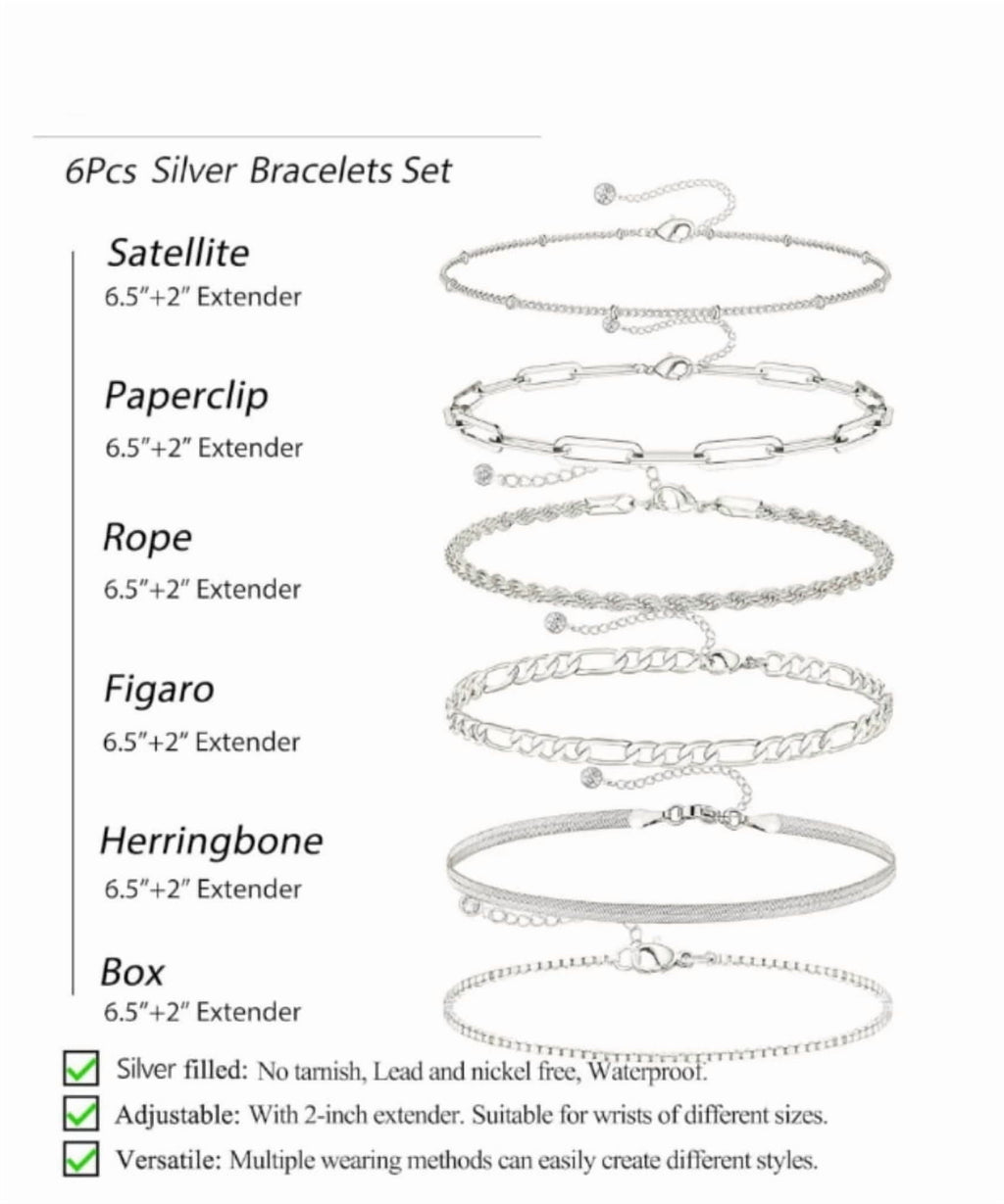 Dainty Bracelets for Women , 925 Sterling Jewelry Set for Women Bracelets for Women Paperclip Box Herringbone Figaro Rope Chain Bracelet Pack Gifts for Women Girls