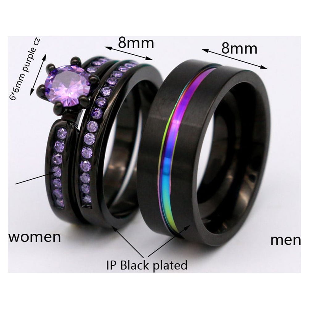 Matching Rings Couple Rings Black Plated 1CT Purple Cz Women Wedding Ring Sets