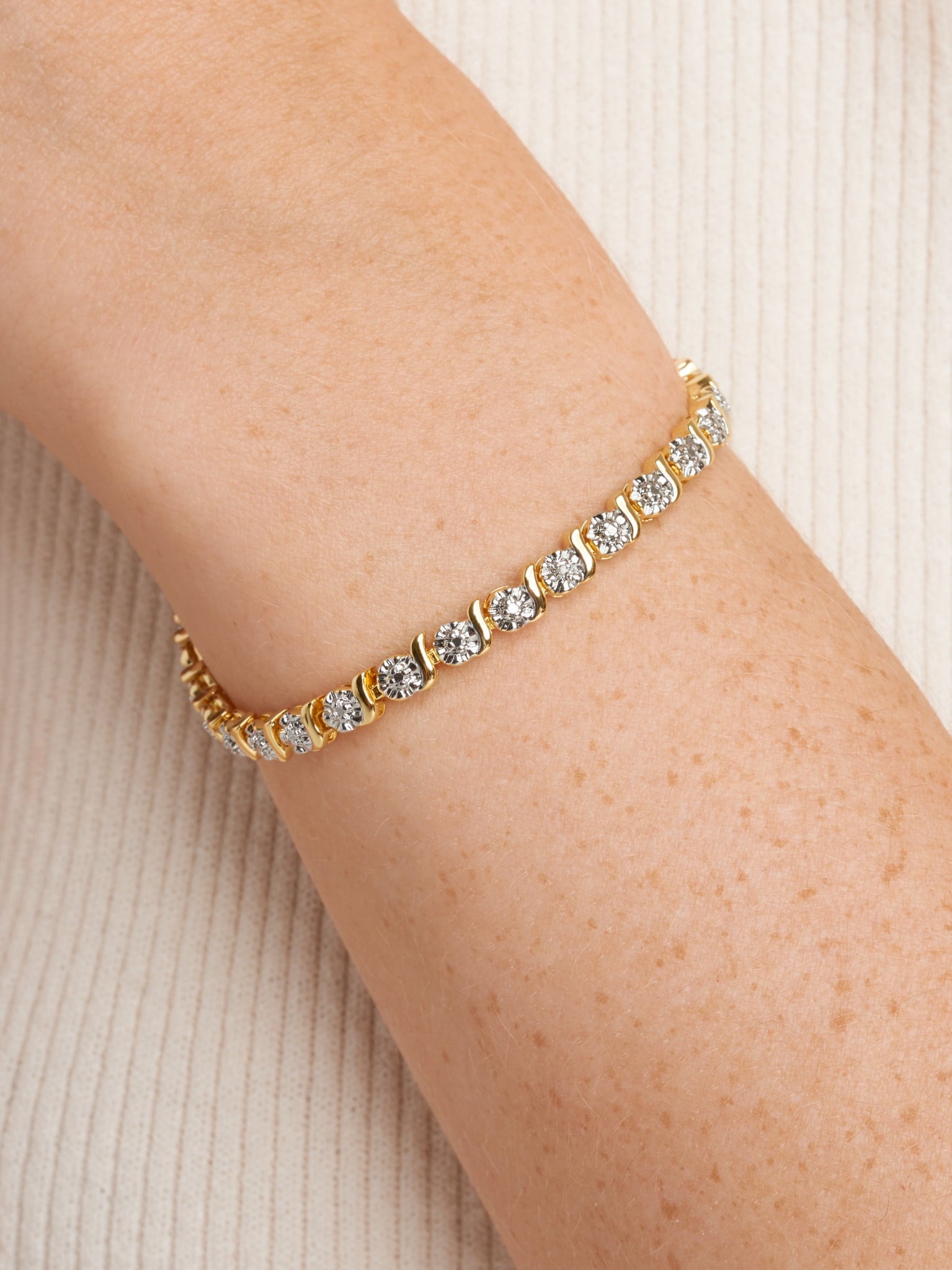 18K Yellow Plated Diamond Accent Cross Charm Tennis Bracelet, 7.25"