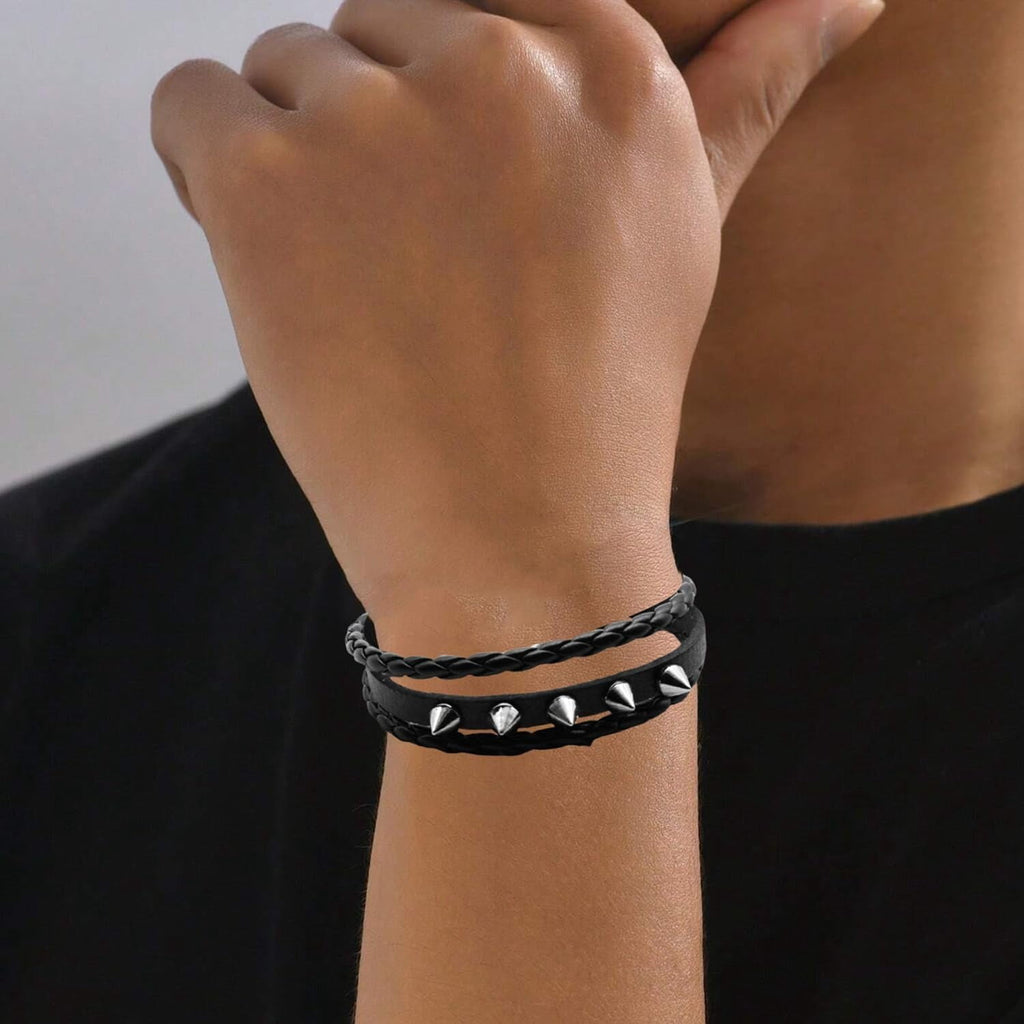 4 Pcs Punk Rock Leather Studded Bracelets for Men Women 80s Gothic Spike Cuff Bracelet Set Emo Accessories for Rocker Outfits