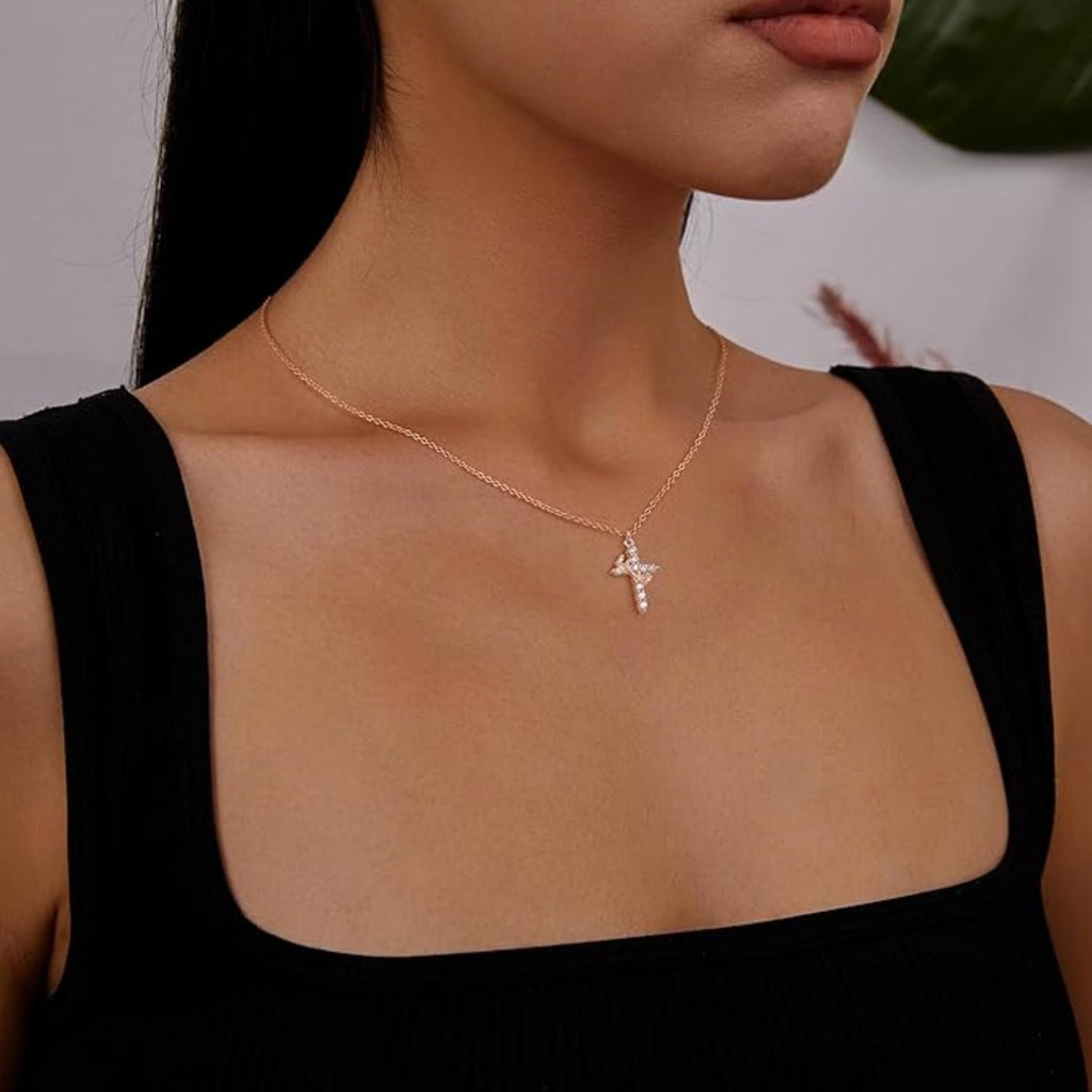 14K Plated Zirconia Cross Pendant Necklace for Women with 925