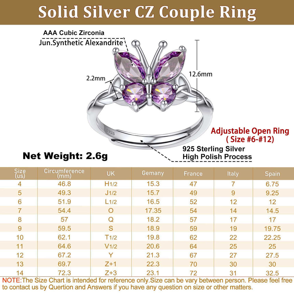 925 Sterling Butterfly Rings, July Ruby Adjustable Open Band Ring Jewelry Valentines Day