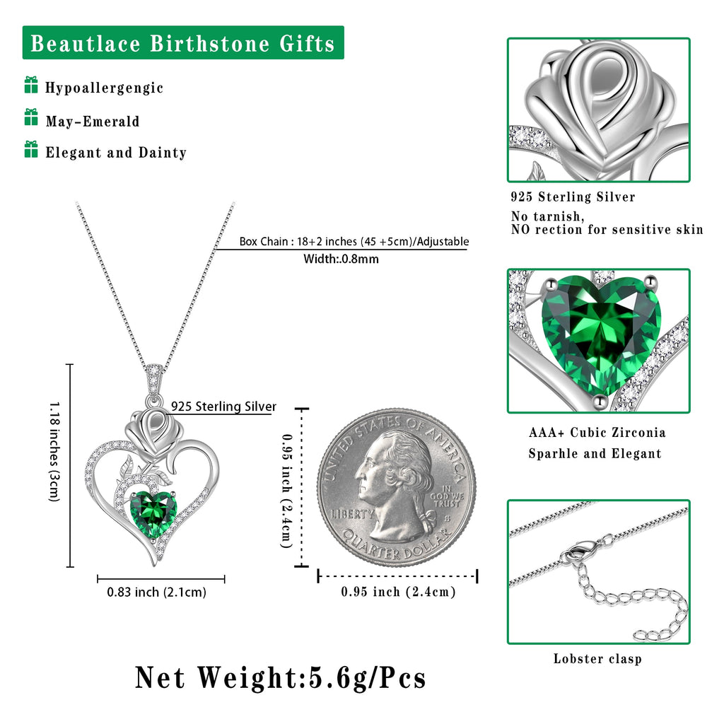 925 Sterling Necklace Rose Flower Heart Pendant Jewelry Valentines Gifts for Women Mom Wife/Lover