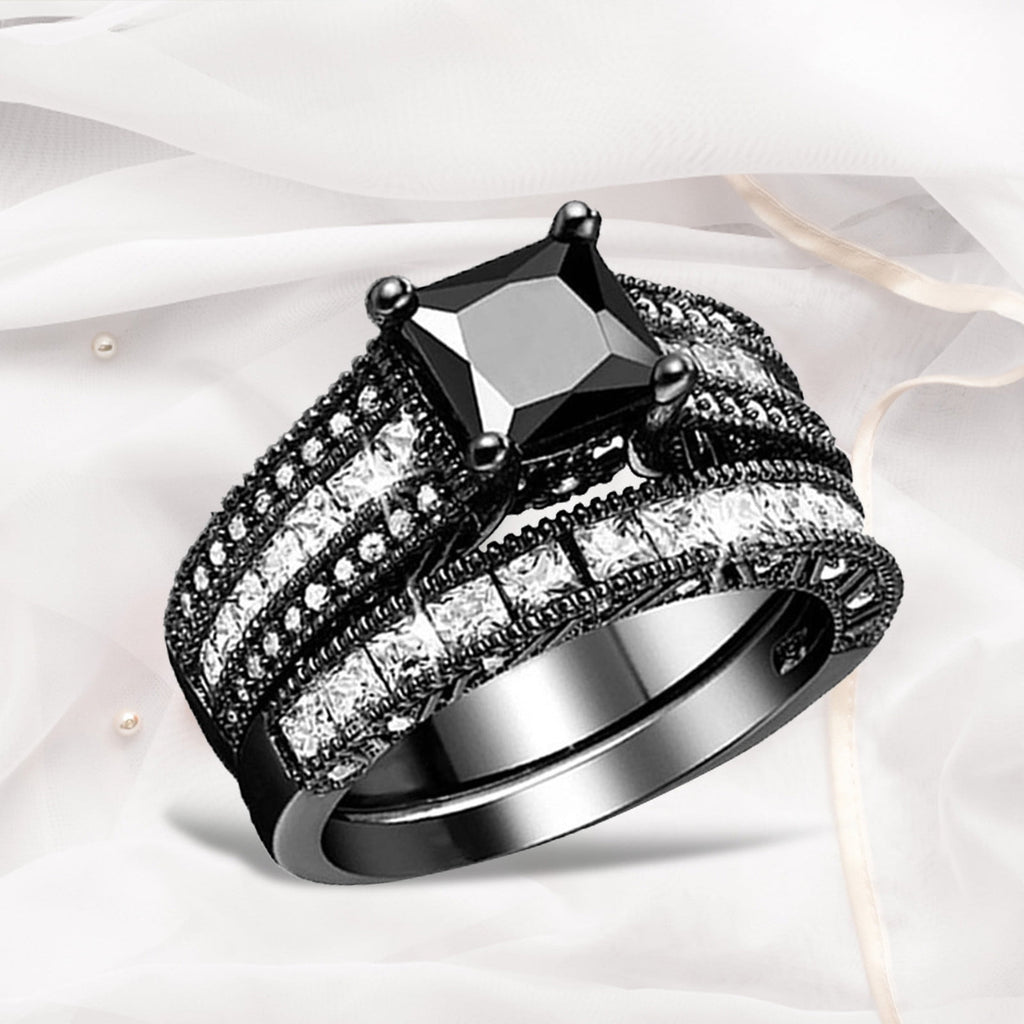 Women Ring Black Zircon Ring Ladies Jewelry Engaged Ring (Black,9)
