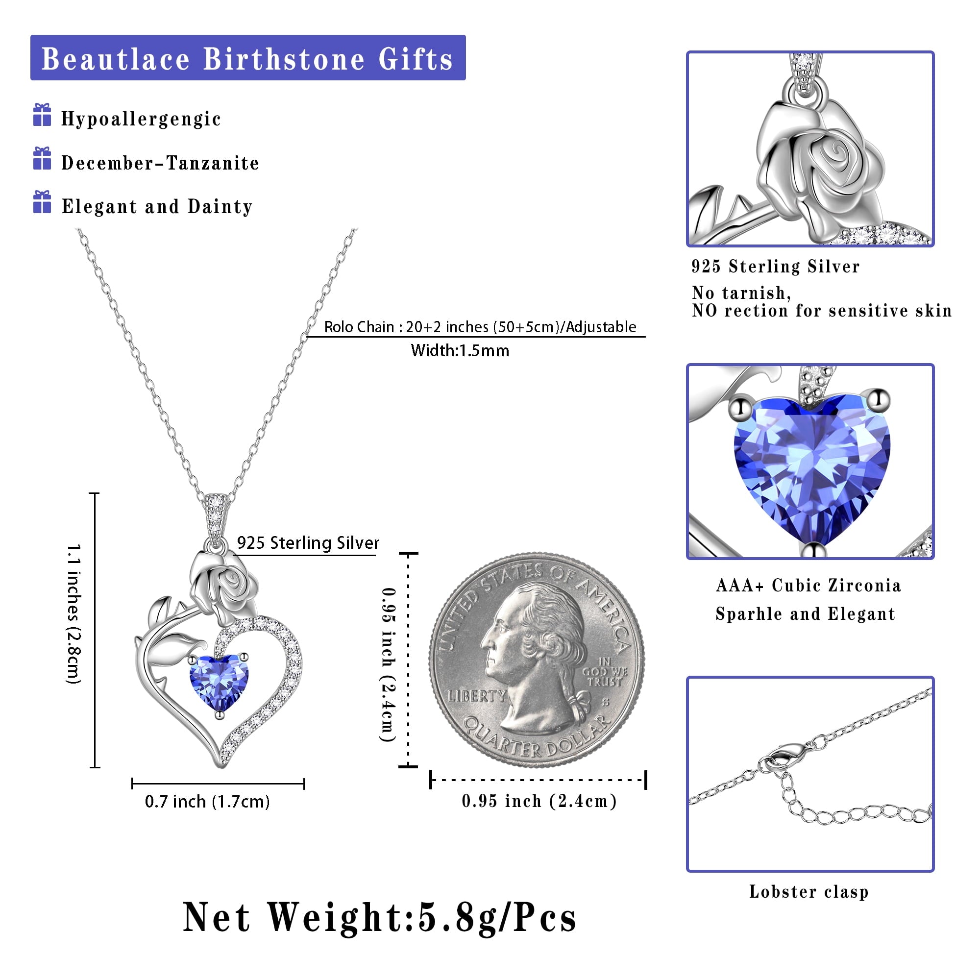 925 Sterling Necklace Rose Flower Heart Pendant Jewelry Valentines Gifts for Women Mom Wife/Lover