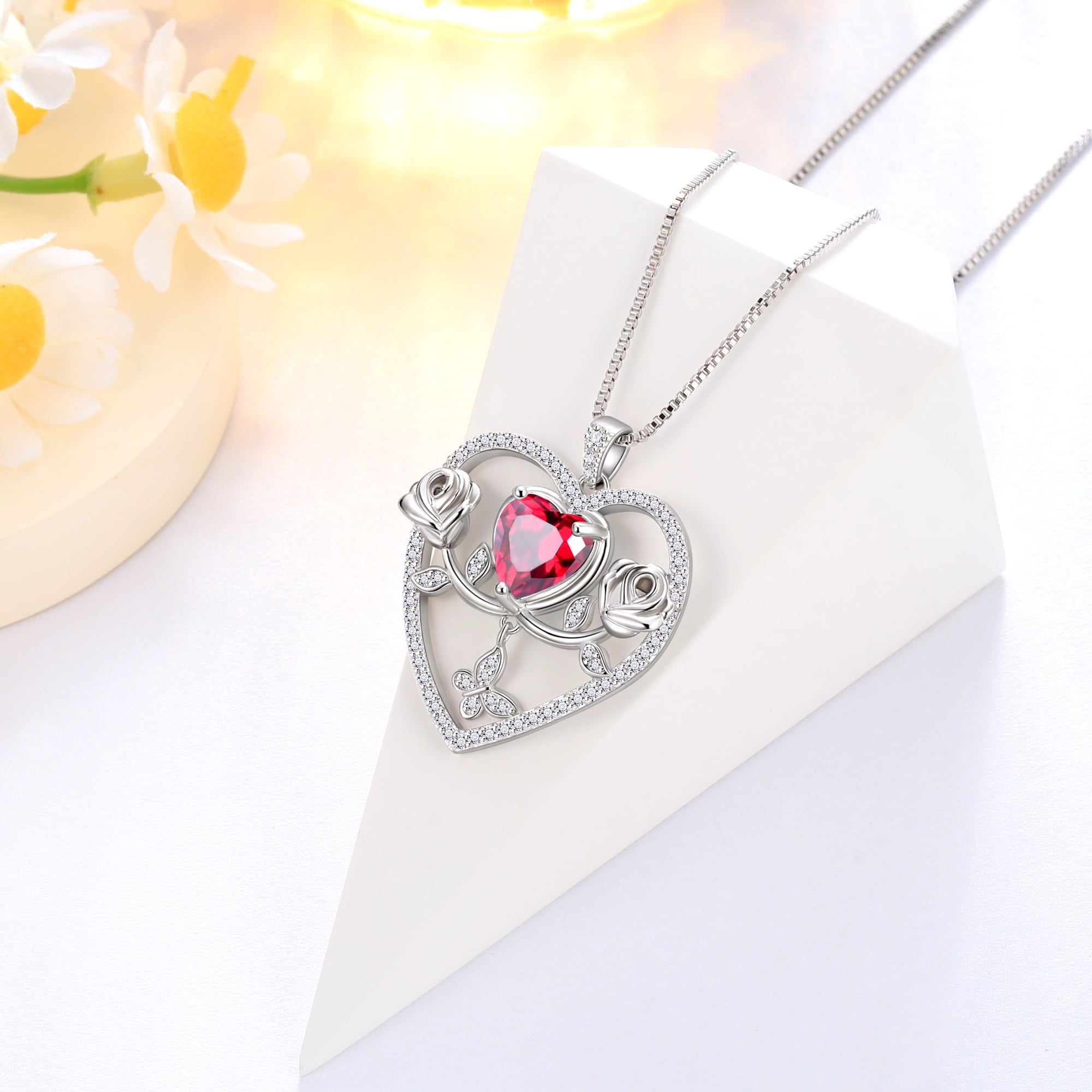 925 Sterling Necklace Rose Flower Heart Pendant Jewelry Valentines Gifts for Women Mom Wife/Lover