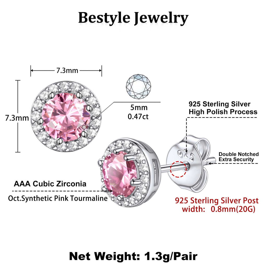 S925 Sterling Earrings Created Pink Tourmaline Stud Earrings October Round Jewelry Gifts for Valentines Day