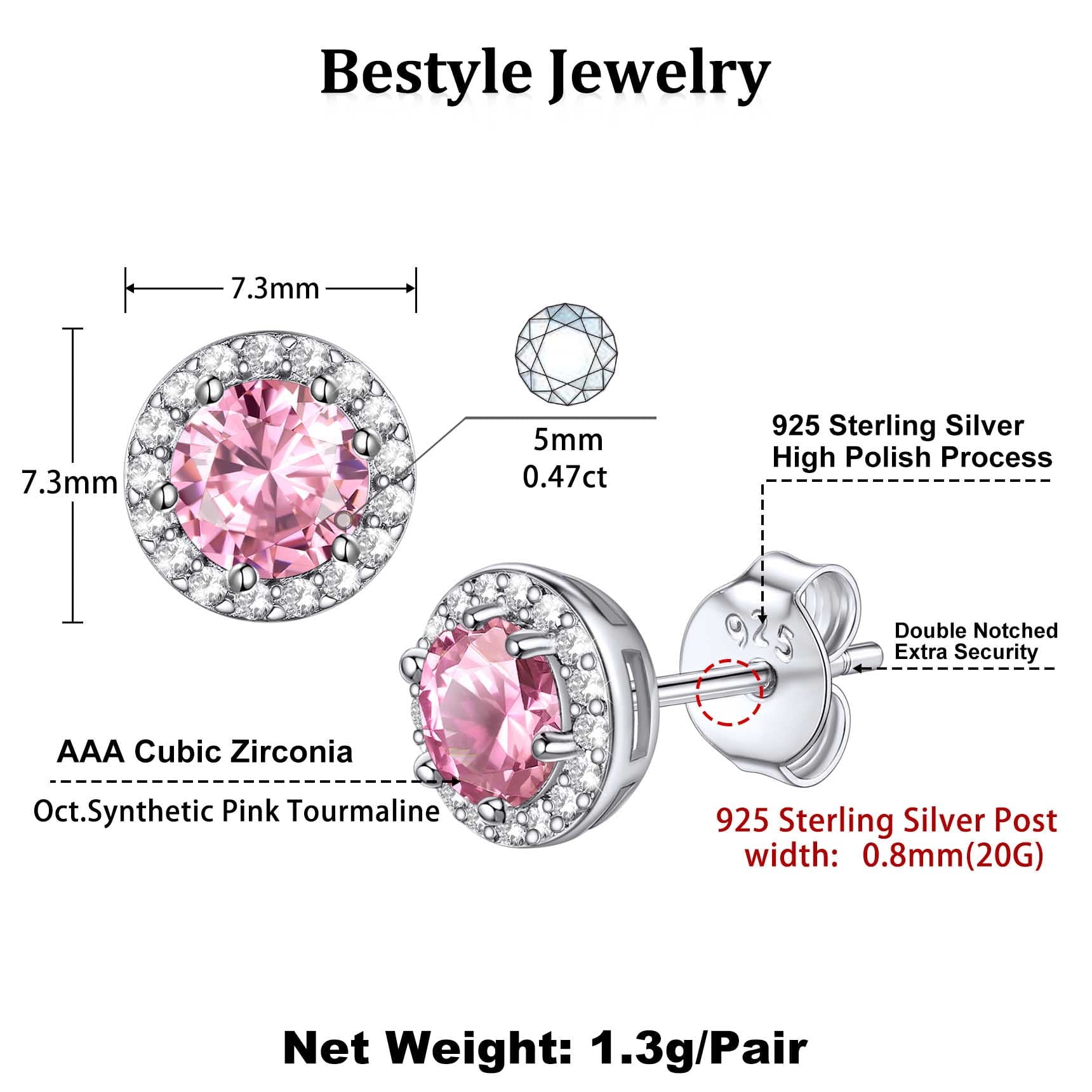 S925 Sterling Earrings Created Pink Tourmaline Stud Earrings October Round Jewelry Gifts for Valentines Day