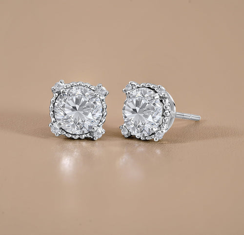 3.5 Round Cut April Stud Earrings - Halo Milgrain Earrings in 18K White Plating for Women