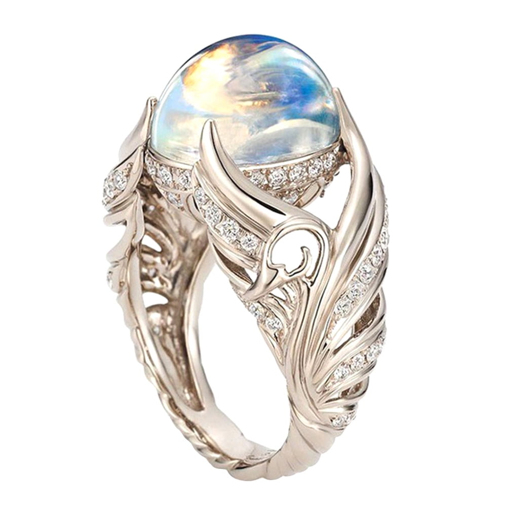925 Sterling Angel Wings Charming Moonstone Diamond Rings