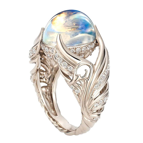 925 Sterling Angel Wings Charming Moonstone Diamond Rings