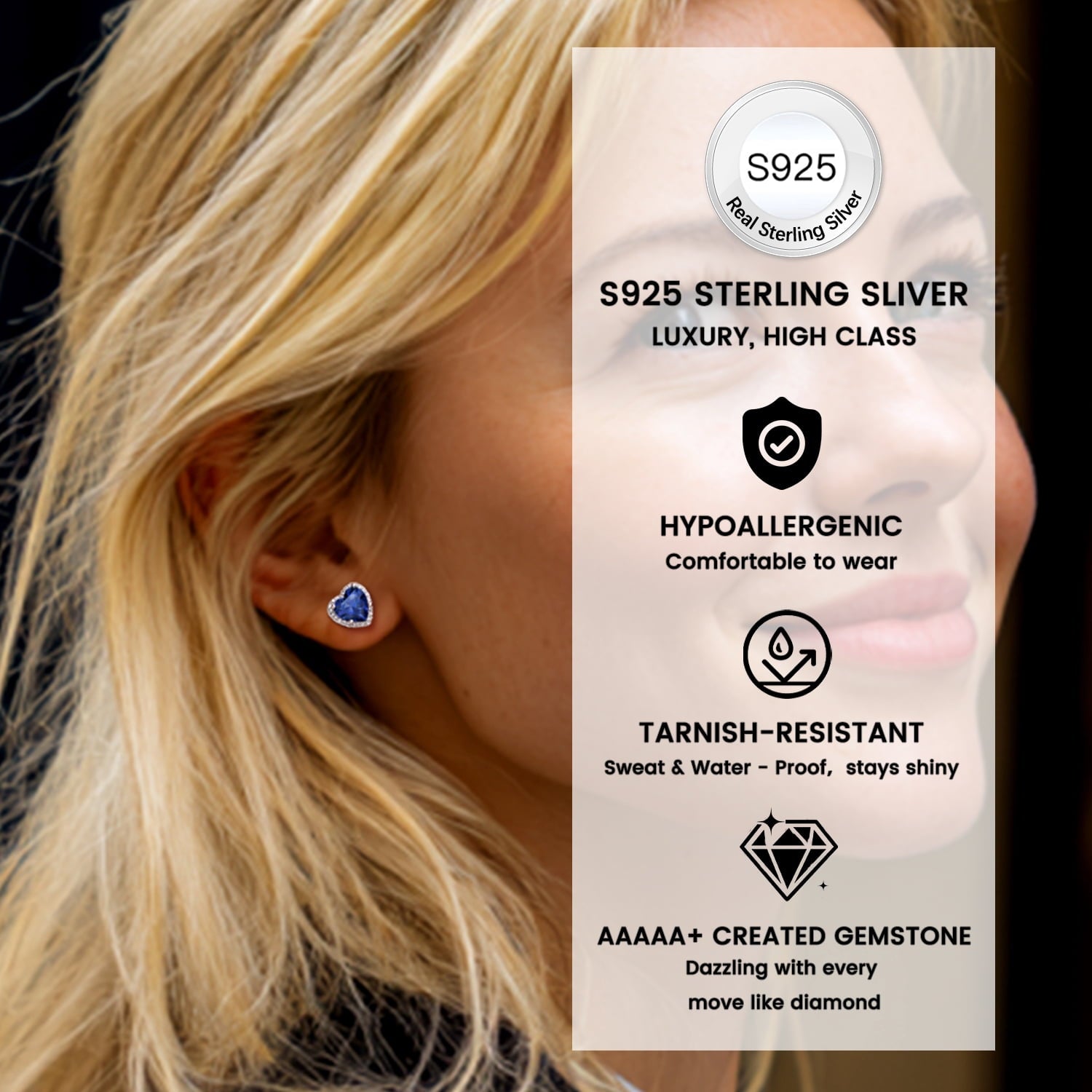 Stud Earrings for Women, 925 Sterling Heart Created Diamond Studs Earrings / Gifts - September