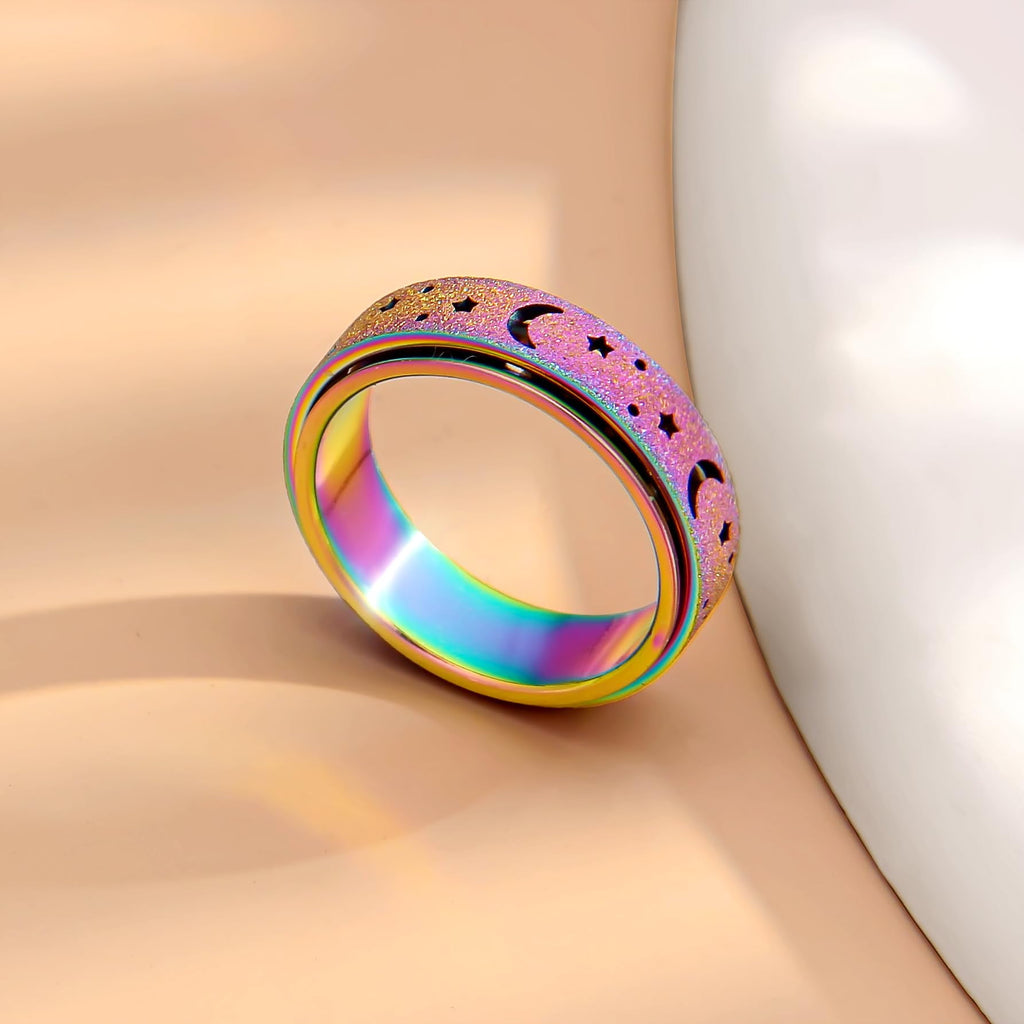 Anxiety Ring for Women Men, Anxiety Fidget Relief Spinner Rings Stainless Steel Worry Stress Relieve Ring Band Set for Anxiety Women Men，Anxiety Ring-Moon Star, Sandblasted Finished,Rainbow-Size6
