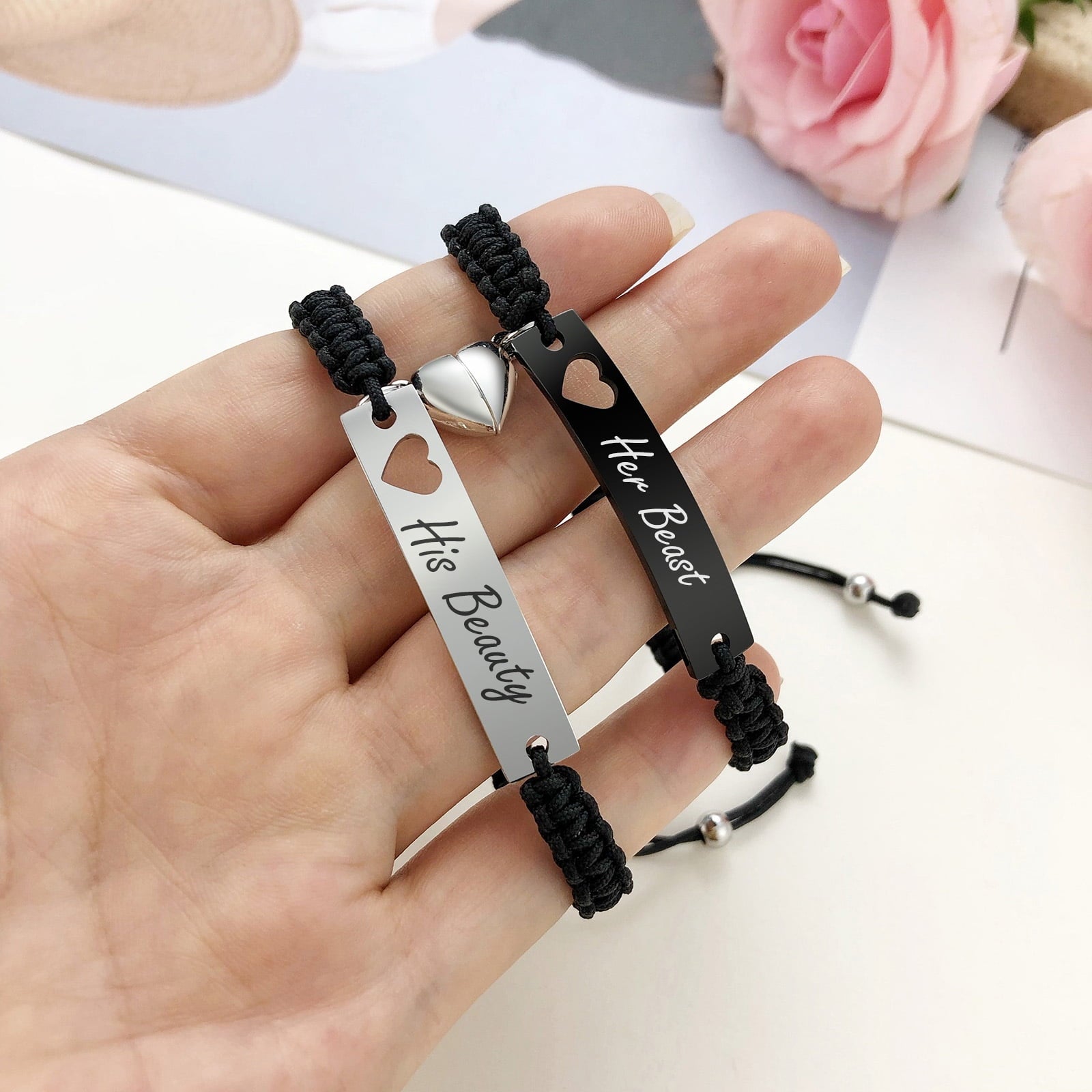 Magnetic Couples Bracelet, Adjustable Matching Macrame Bracelets, Stainless Steel Distance Relationship Bracelet, BF and GF Gifts