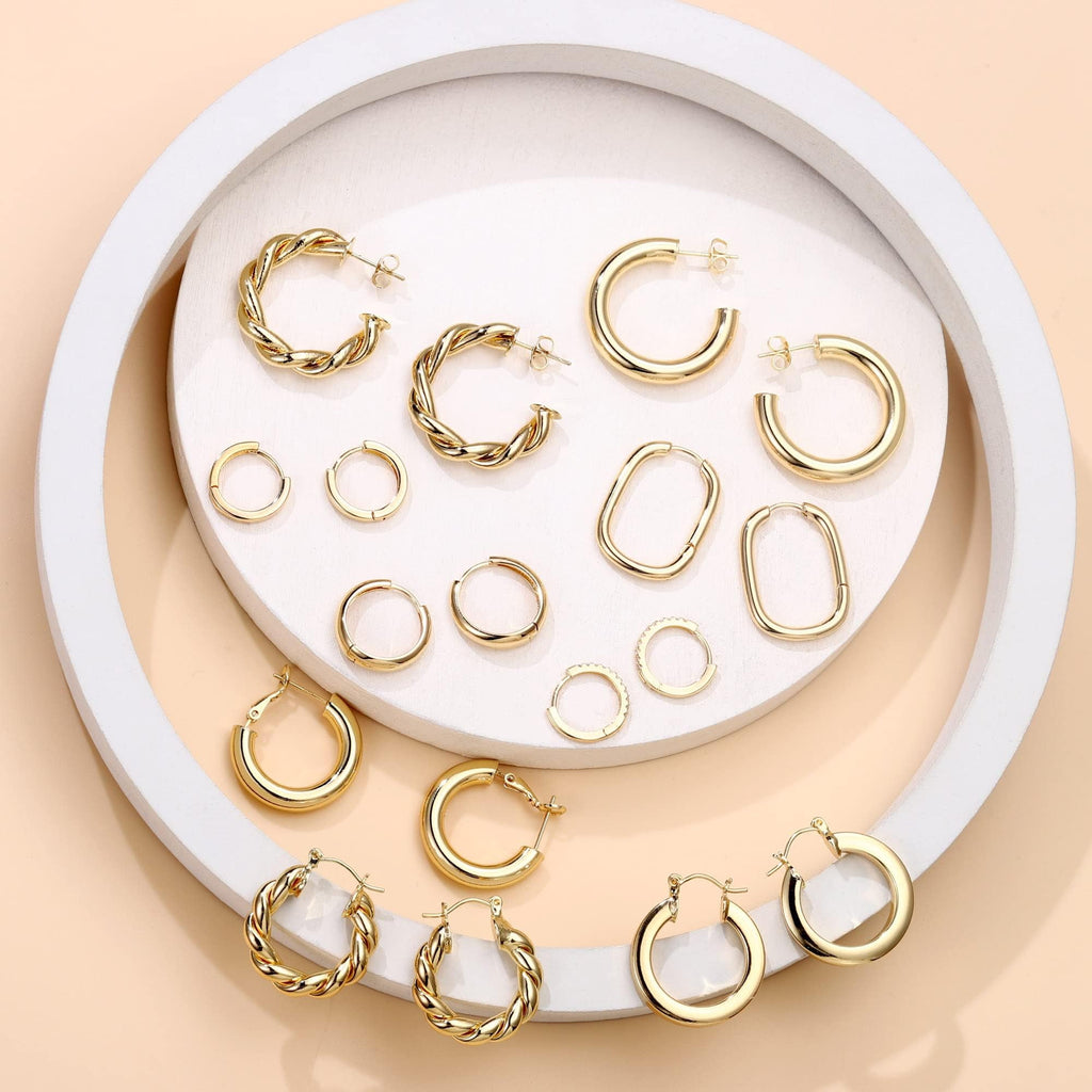 9 Pairs 14K Plated Chunky Twisted Huggie Hoop Earrings Set for Women Waterproof Thick Lightweight Jewelry Trend Easter Gifts for Women Her