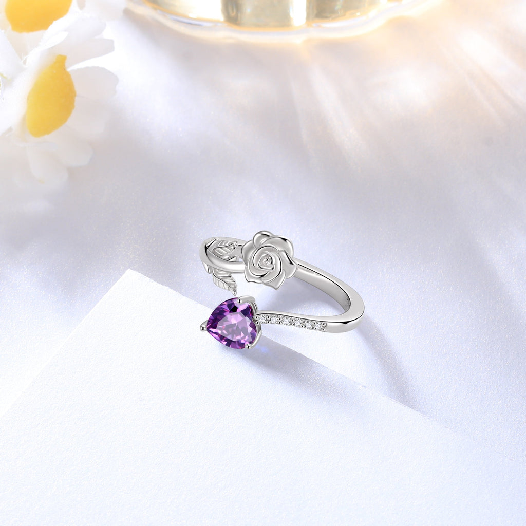 Rose Heart Ring,925 Sterling Adjustable Open Heart Rings Jewelry Gifts for Women Mom -December