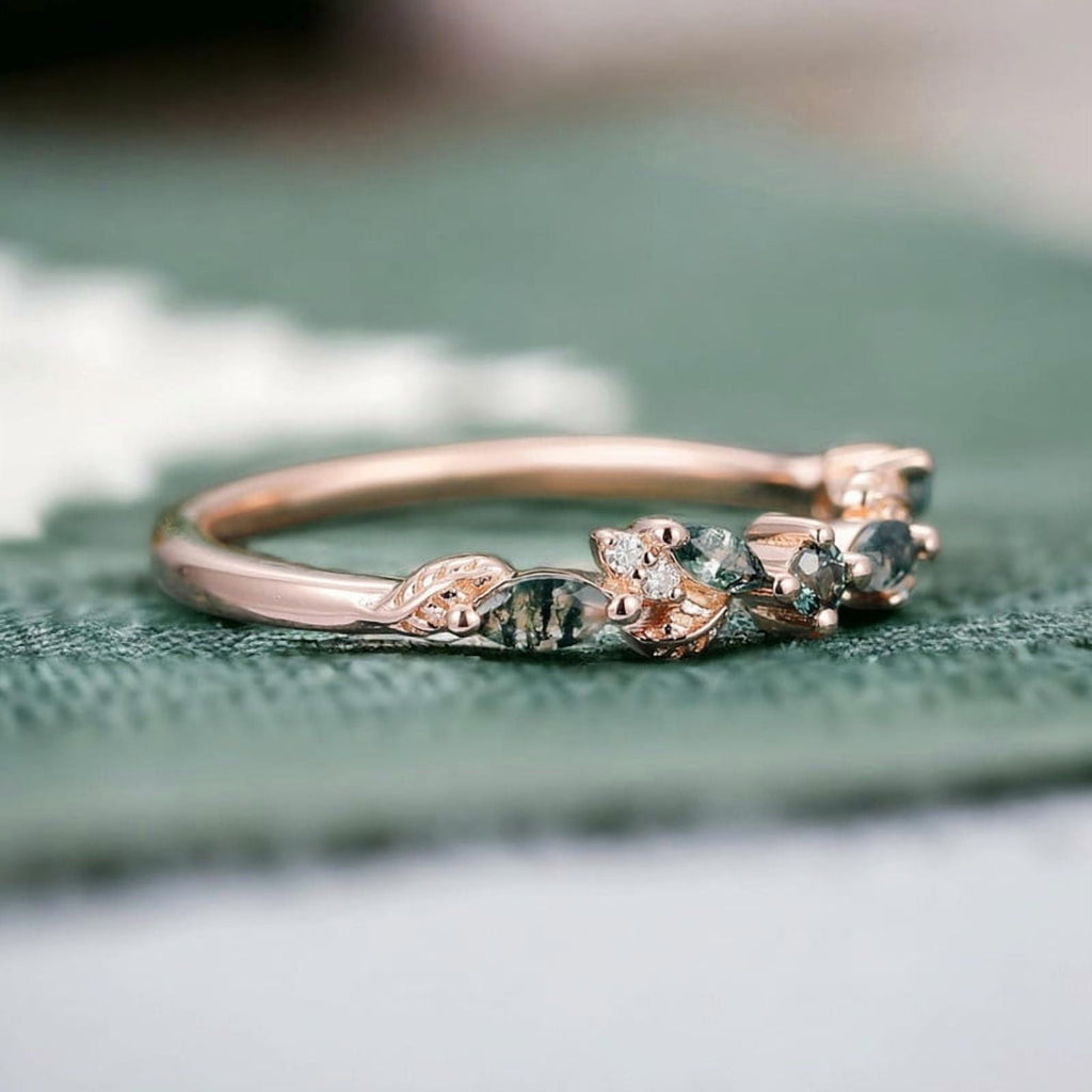 Leaf Vine Moss Agate Wedding Band Marquise Alexandrite, Dainty Ring Bridal Jewelry for Her Rose 11.5