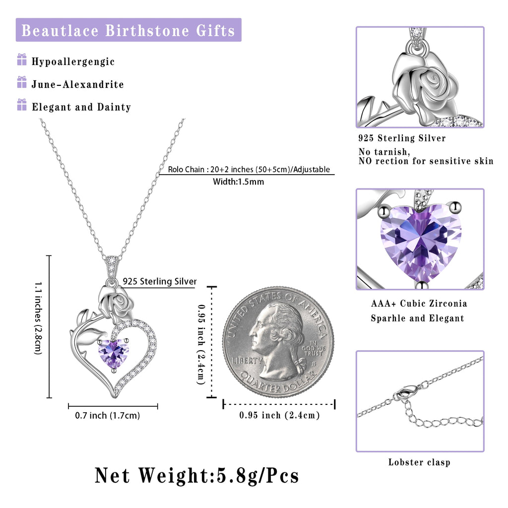 925 Sterling Necklace Rose Flower Heart Pendant Jewelry Valentines Gifts for Women Mom Wife/Lover