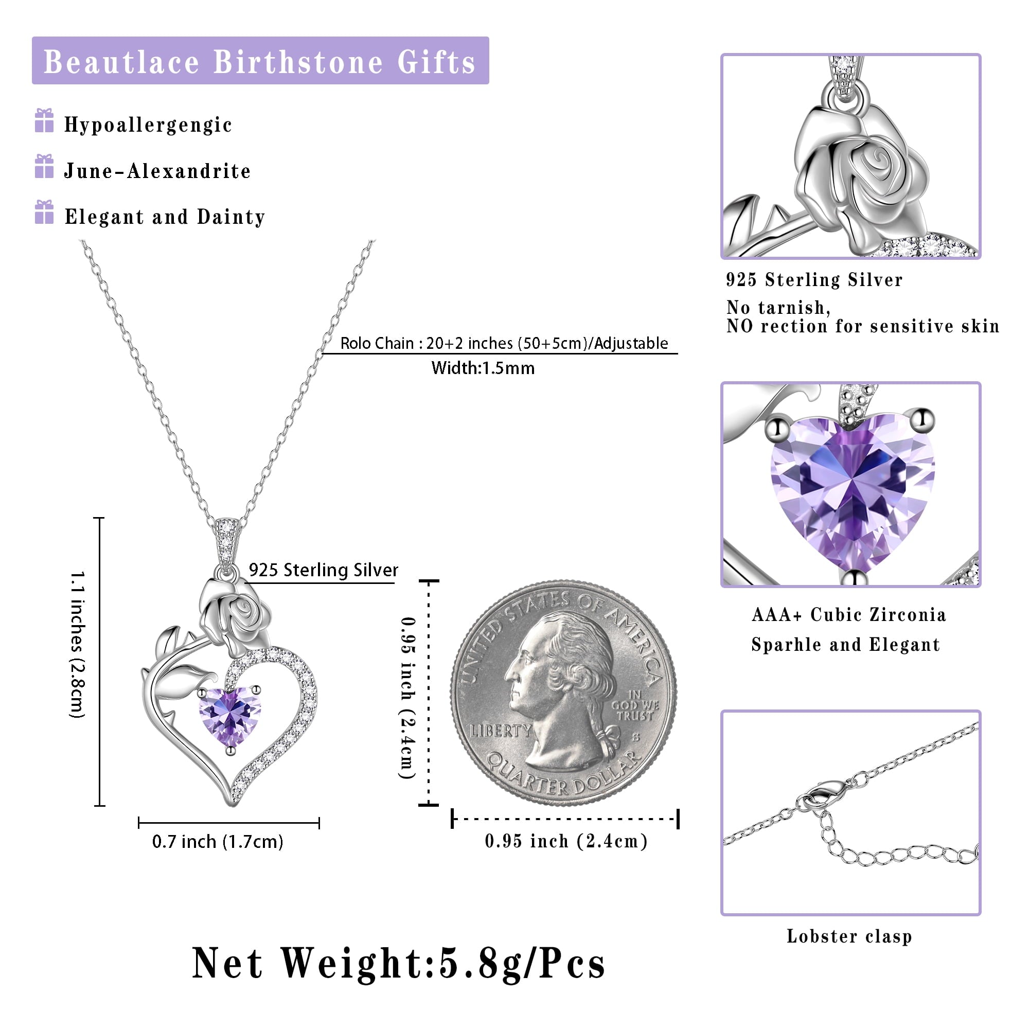 925 Sterling Necklace Rose Flower Heart Pendant Jewelry Valentines Gifts for Women Mom Wife/Lover