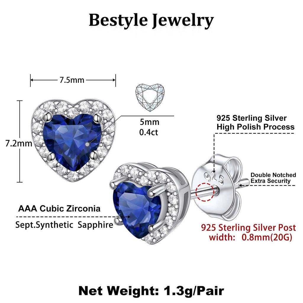 Stud Earrings for Women, 925 Sterling Heart Created Diamond Studs Earrings / Gifts - September