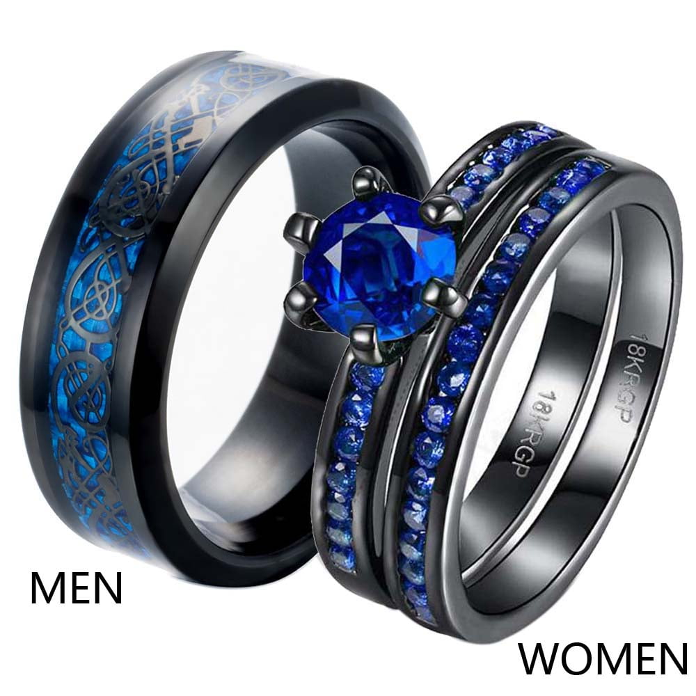 Matching Rings Couple Rings Black Plated 1CT Purple Cz Women Wedding Ring Sets