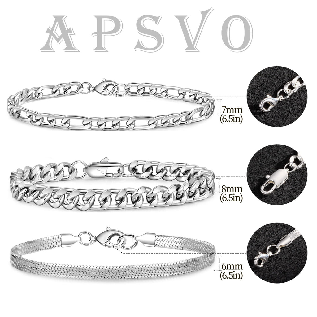 3 Pcs Sterling Plated Bracelets for Men Women Boys Charm Cuban Figaro Herringbone Chain Bracelets Set Easter Basket Stuffers Jewelry Gifts Teen Adults Kids 6.5/7/7.5/8.3/9 Inch
