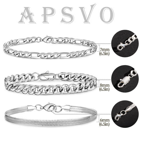 3 Pcs Sterling Plated Bracelets for Men Women Boys Charm Cuban Figaro Herringbone Chain Bracelets Set Easter Basket Stuffers Jewelry Gifts Teen Adults Kids 6.5/7/7.5/8.3/9 Inch